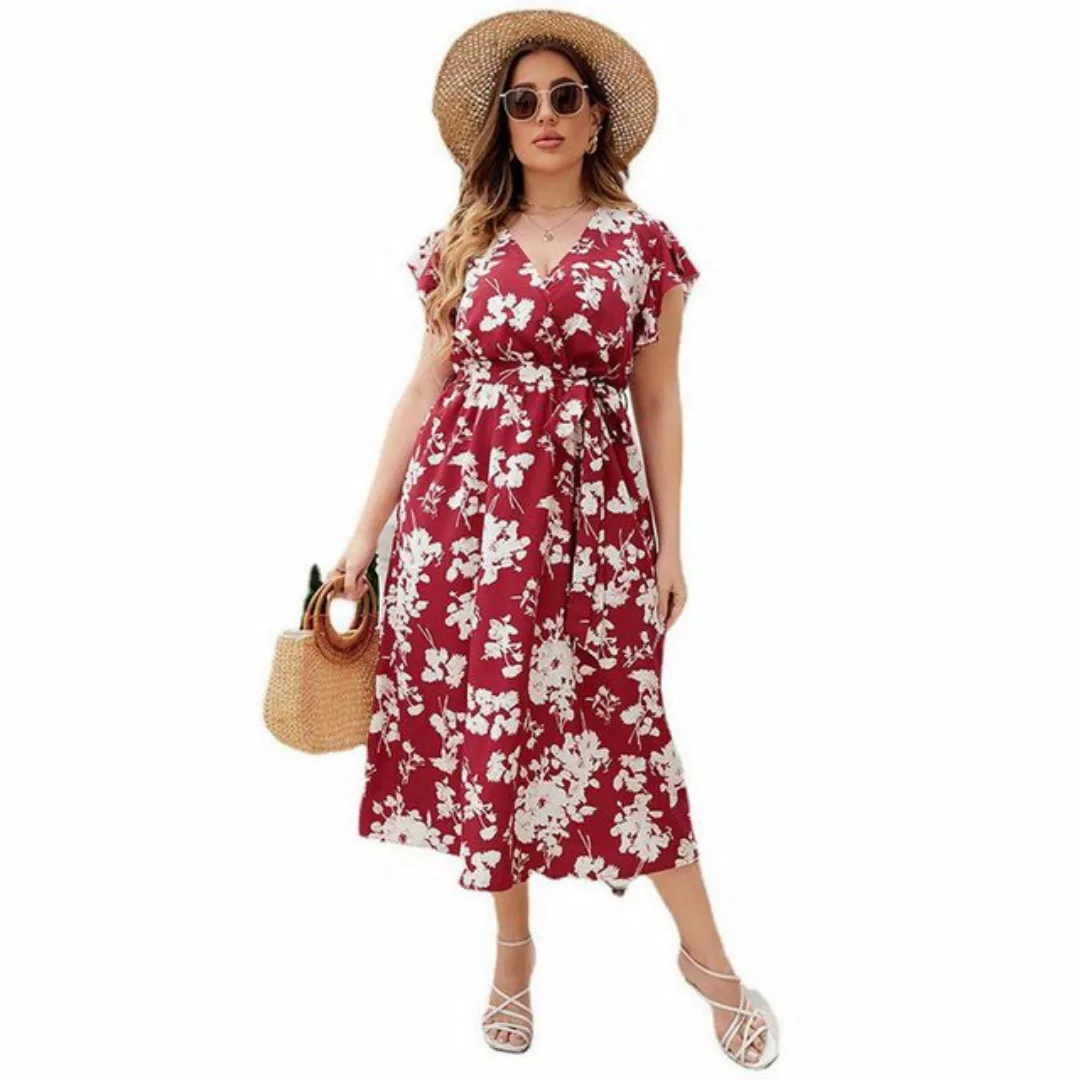 AUKUU Sommerkleid Sommer V-Ausschnitt, Gürtel großes rotes Kleid, Damenklei günstig online kaufen