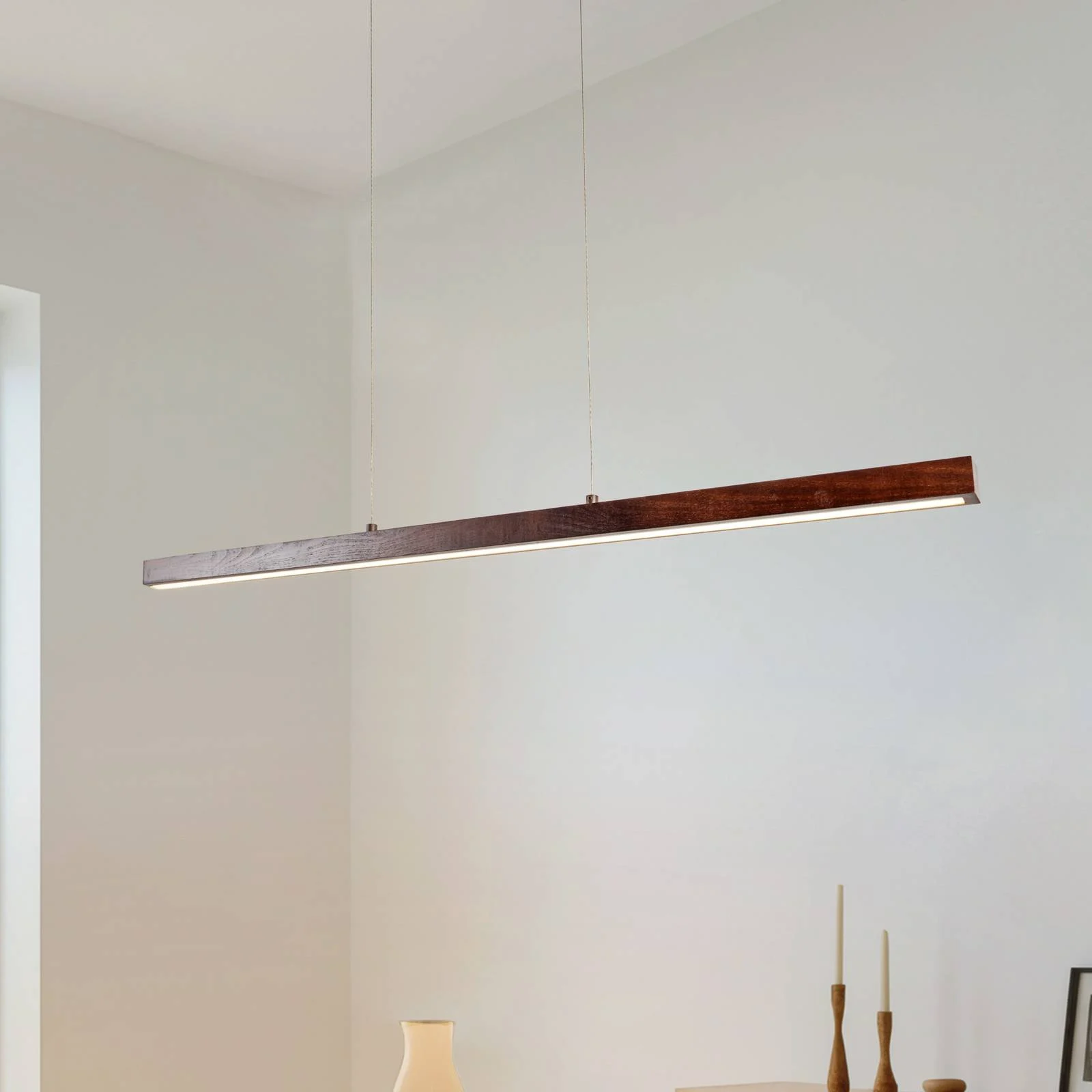 Lucande LED-Hängelampe Nihalo, walnuss, 122 cm, dimmbar, CCT günstig online kaufen