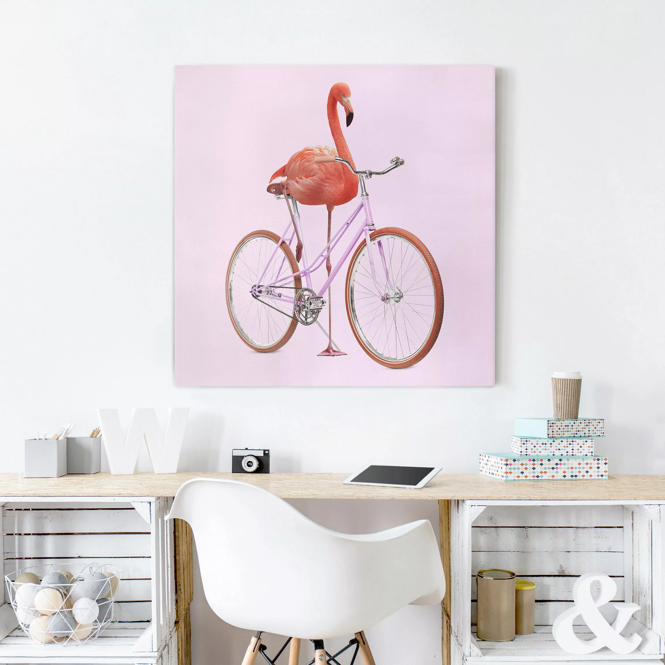 Leinwandbild Flamingo mit Fahrrad günstig online kaufen