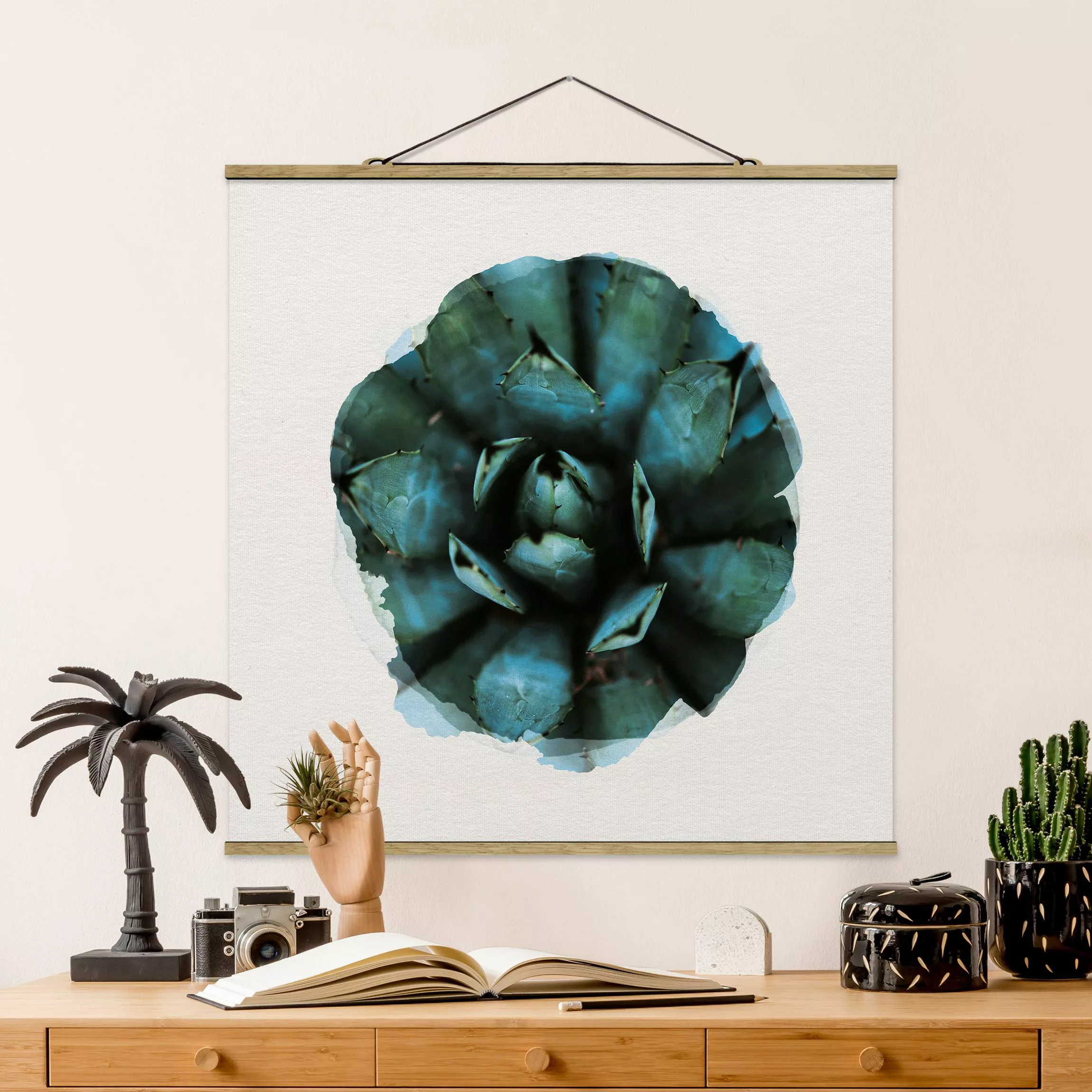 Stoffbild Blumen mit Posterleisten - Quadrat Wasserfarben - Blaue Agave günstig online kaufen