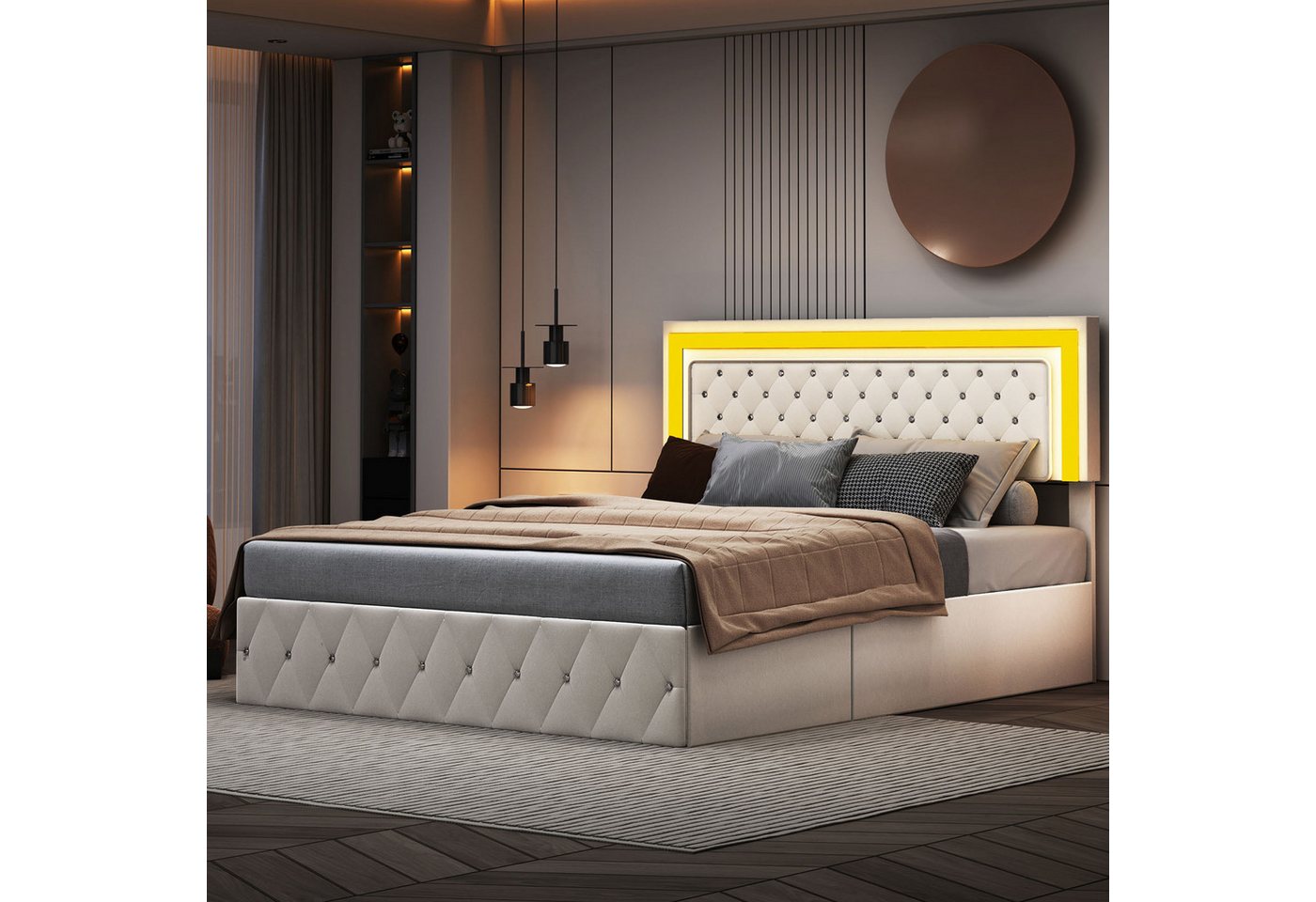 FUROKOY Polsterbett Doppelbett mit LED Beleuchtung & Hydraulisch anhebbarer günstig online kaufen