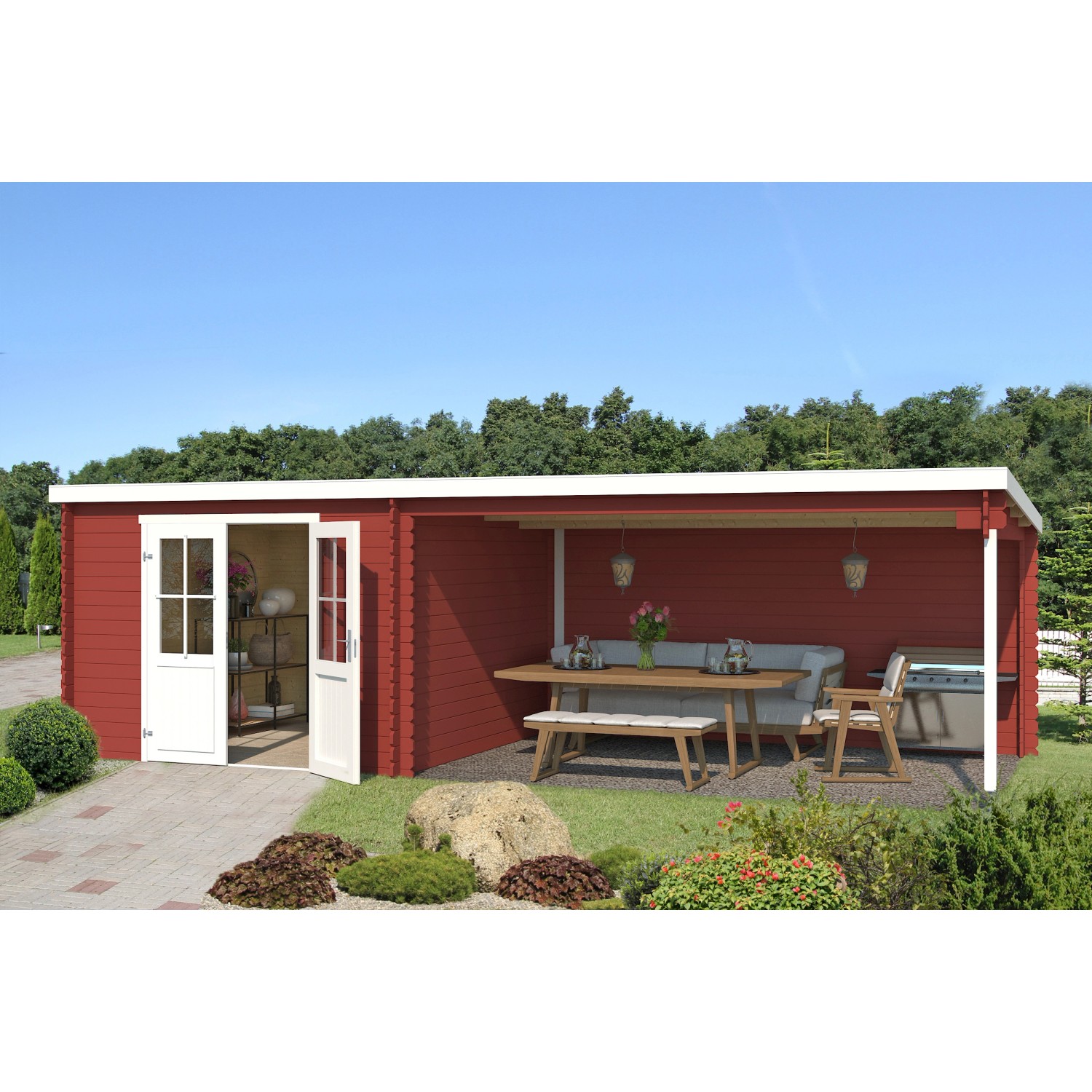 Lasita Holz-Gartenhaus St. Louis Schwedenrot 701 cm x 319 cm mit Anbaudach günstig online kaufen