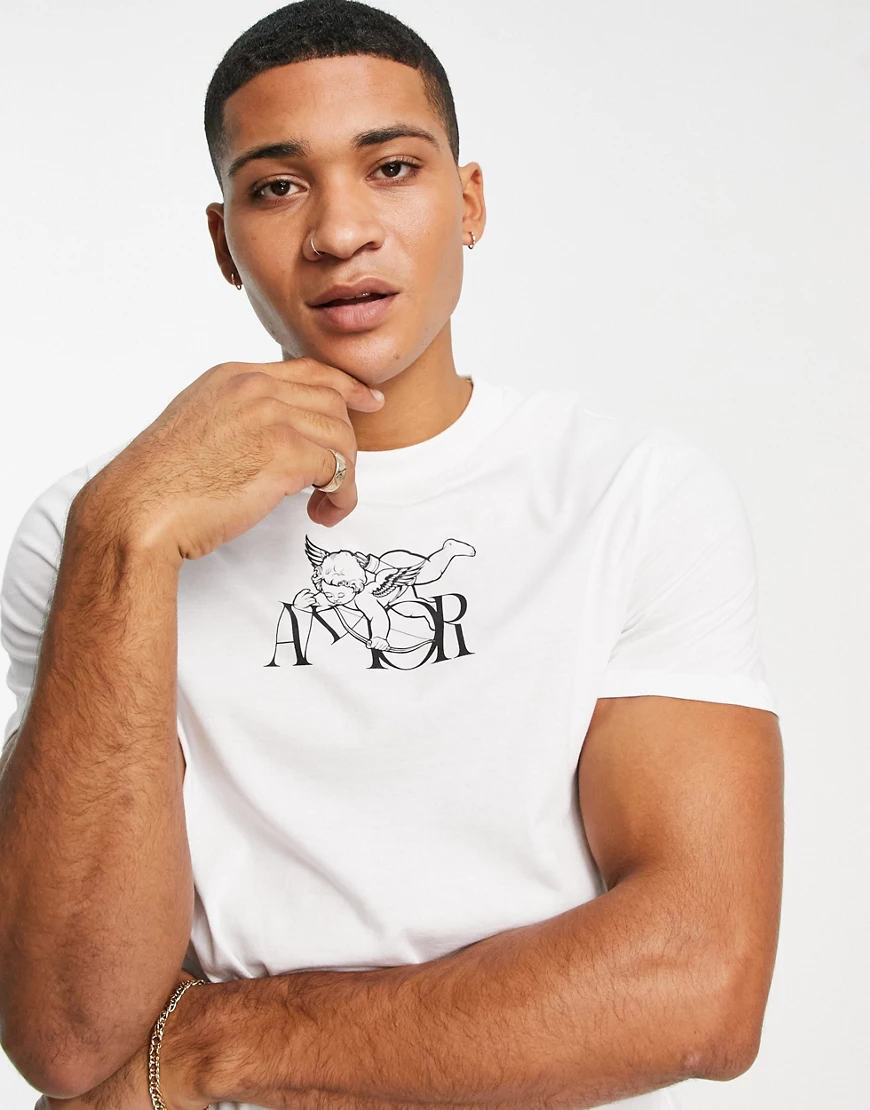 ASOS DESIGN – T-Shirt aus Biobaumwolle in Weiß mit Engel-Print günstig online kaufen
