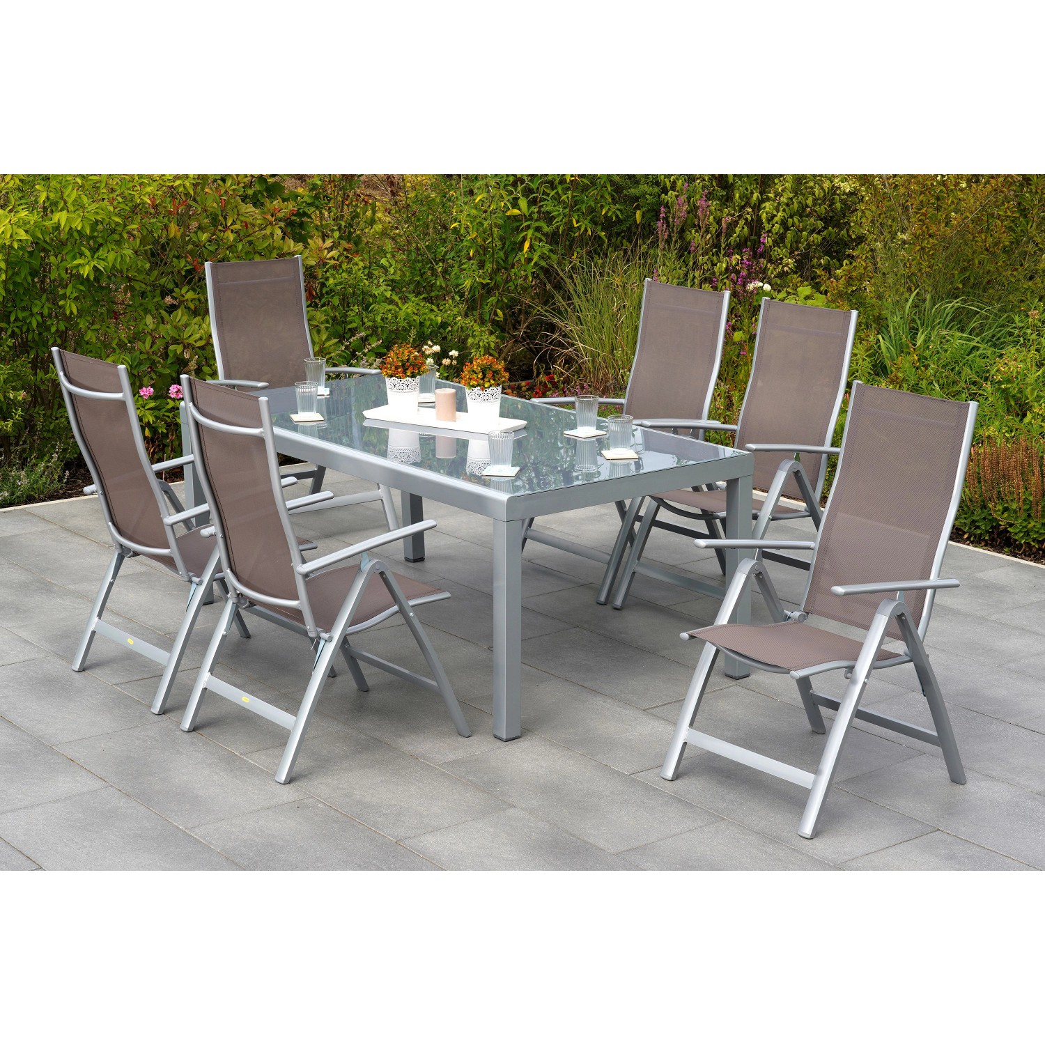 Merxx Carrara Set 7-tlg. 6 Klappsessel Gartentisch 190 x 100 cm Taupe günstig online kaufen