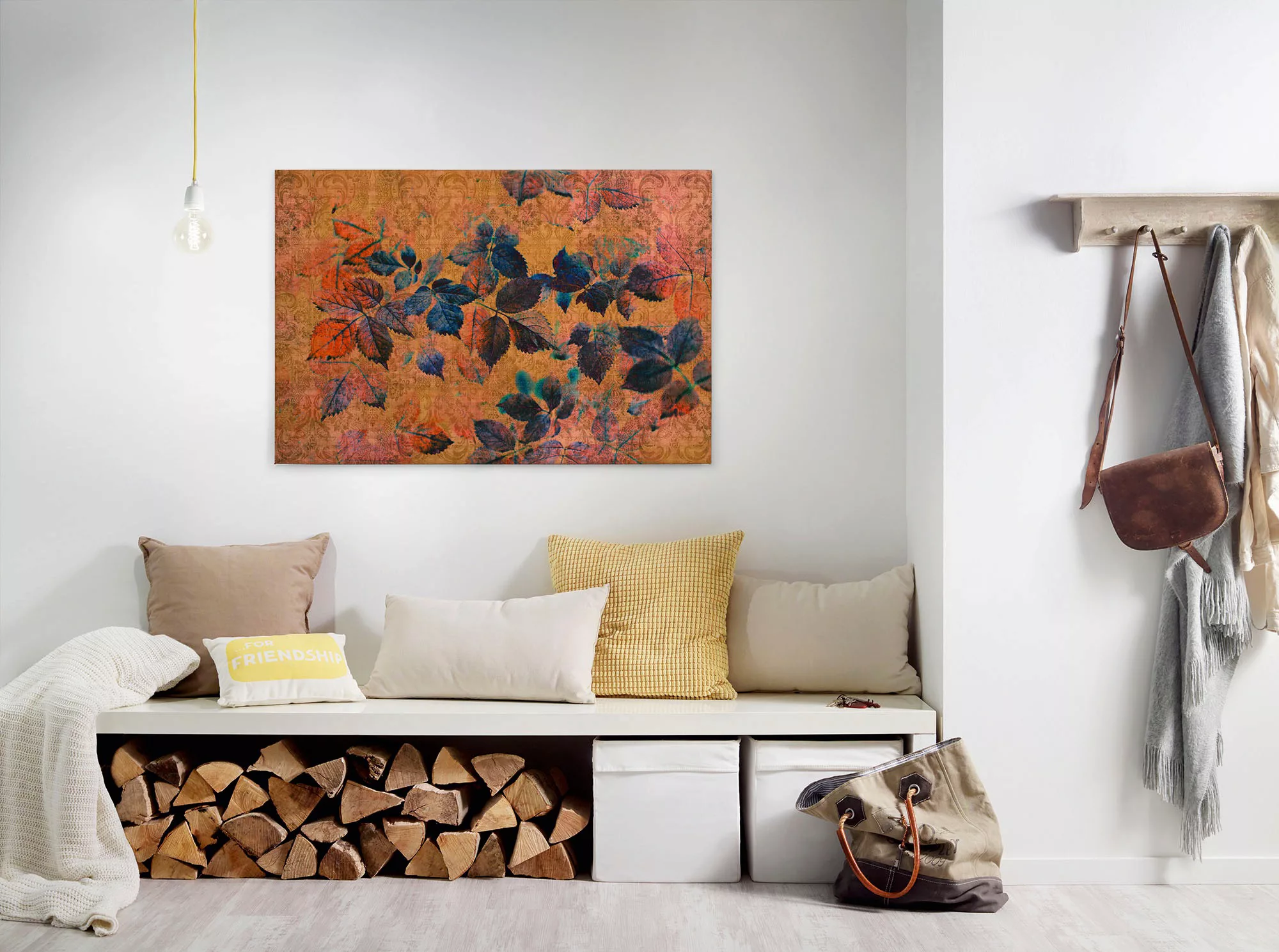 Bricoflor Wandbild Mit Blätter Design In Orange Und Blau Leinwandbild Mit H günstig online kaufen