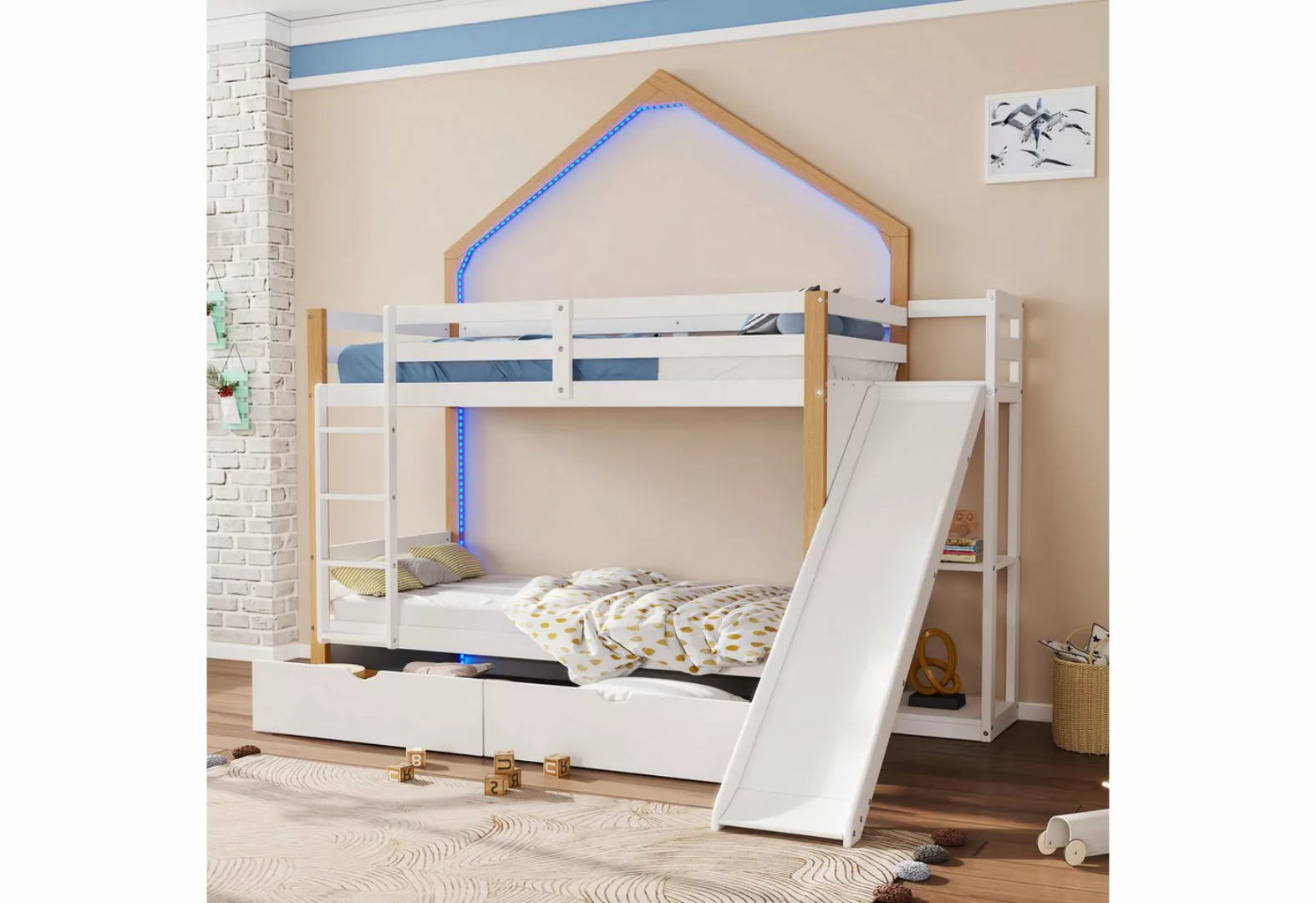 WISHDOR Etagenbett Kinderbett Hausbett Holzbett (Coole Lichtstreifen, Zwei günstig online kaufen