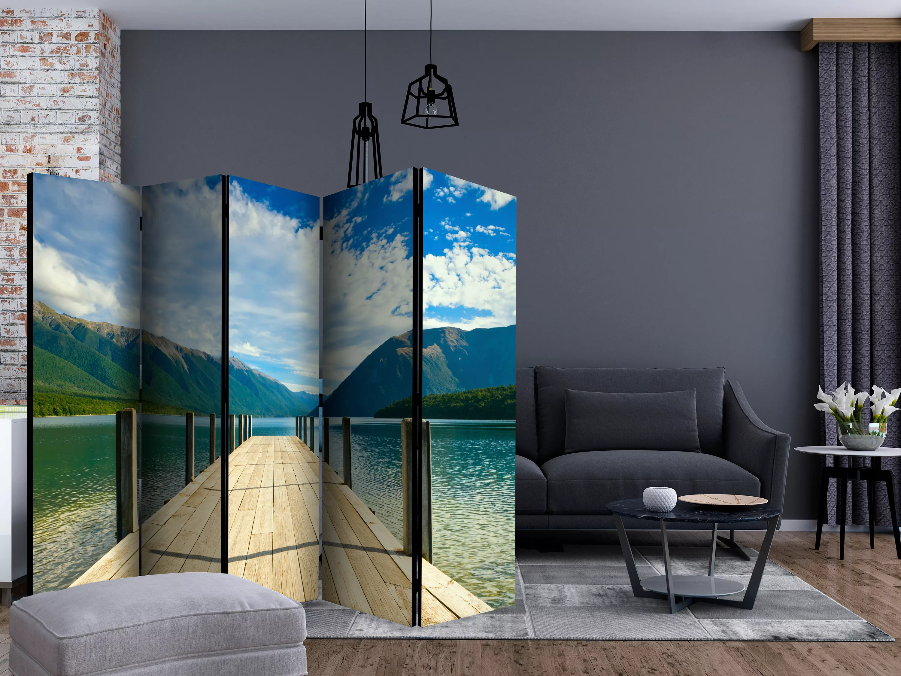 5-teiliges Paravent - Mountain Lake Bridge Ii [room Dividers] günstig online kaufen