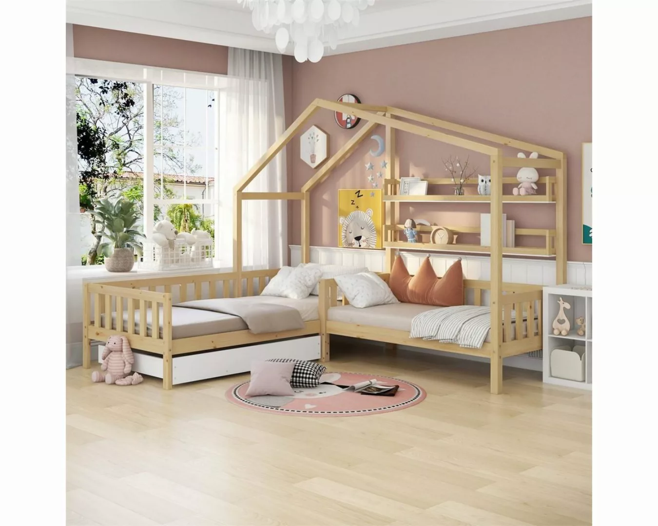 XDeer Hausbett L-Struktur Kinderbett(Natur,90x200 cm+140x70cm)Hausbett, aus günstig online kaufen
