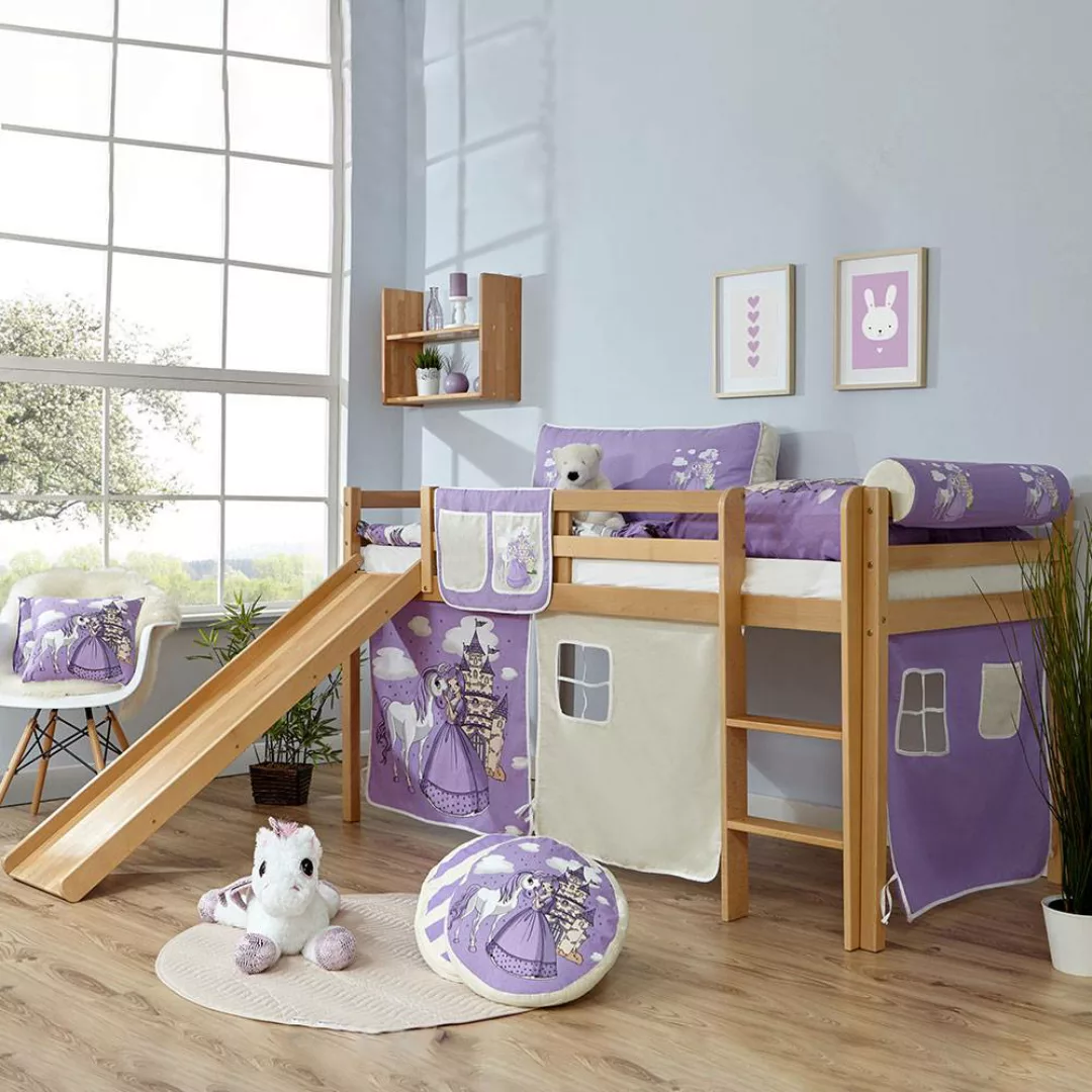 Kinderhochbett aus Buche Massivholz und Webstoff Prinzessin Motiv günstig online kaufen