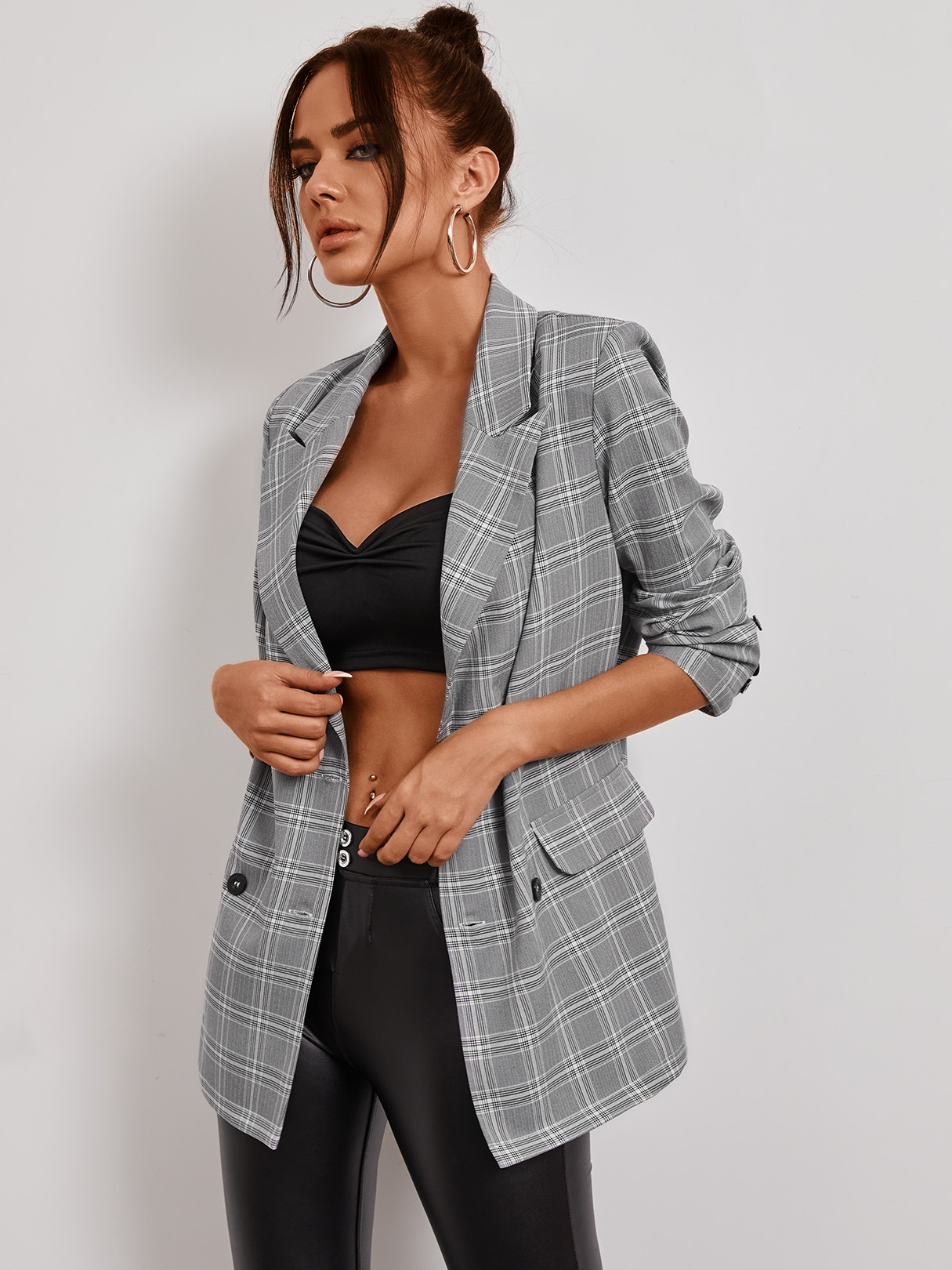 YOINS Grey Plaid Manschettenknöpfe Ansteckkragen Langarm Blazer günstig online kaufen