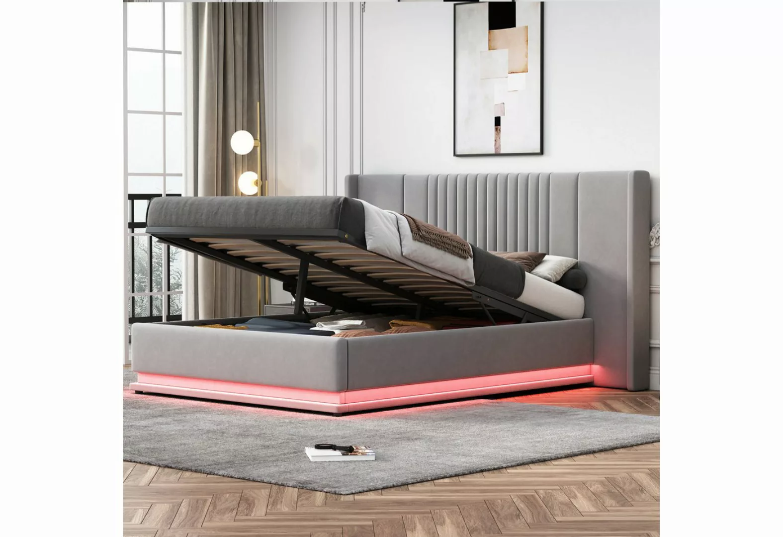 OKWISH Polsterbett Stauraumbett Doppelbett, mit verlängertem Kopfteil und R günstig online kaufen