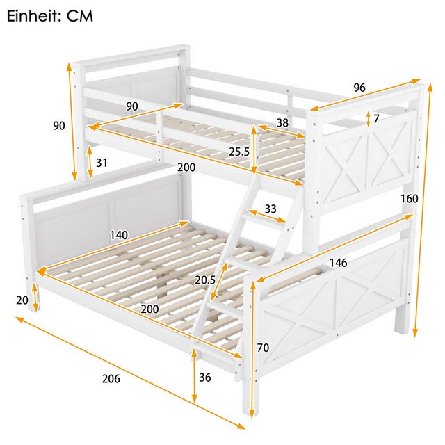 Flieks Etagenbett, Kinderbett mit Leiter und Lattenrost 90x200cm+140x200cm günstig online kaufen