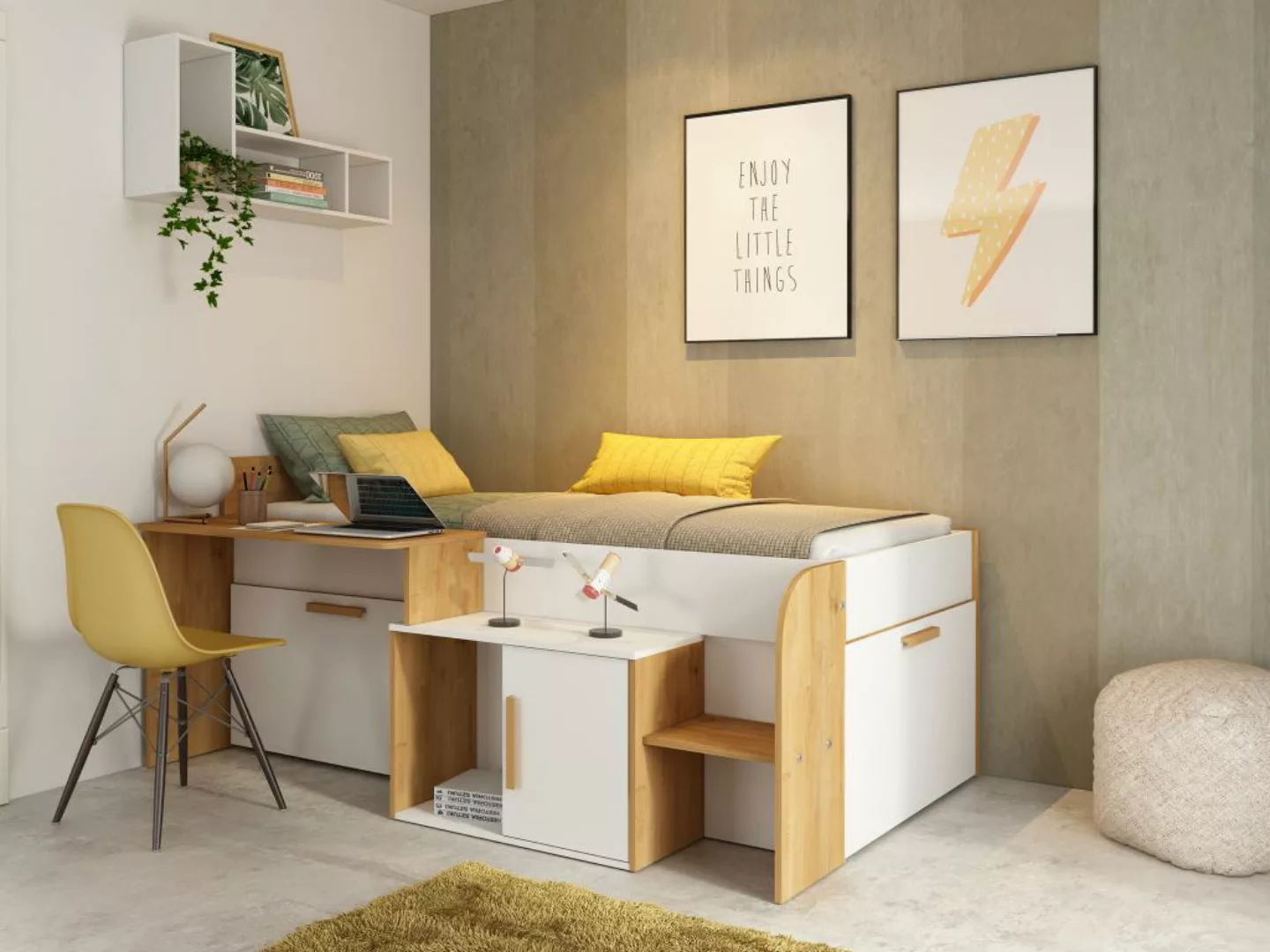 Kombibett 90 x 200 cm mit Schreibtisch und Stauraum - Weiß und Naturfarben günstig online kaufen