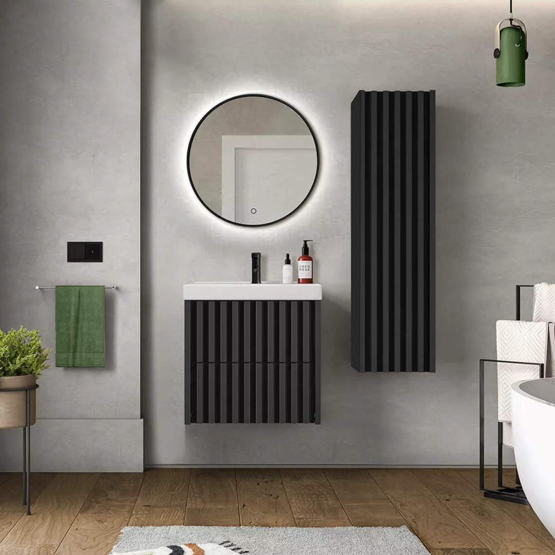 Badmöbel Set 3-teilig mit 60 cm Waschtisch NANTES-107 in schwarz mit Lamell günstig online kaufen
