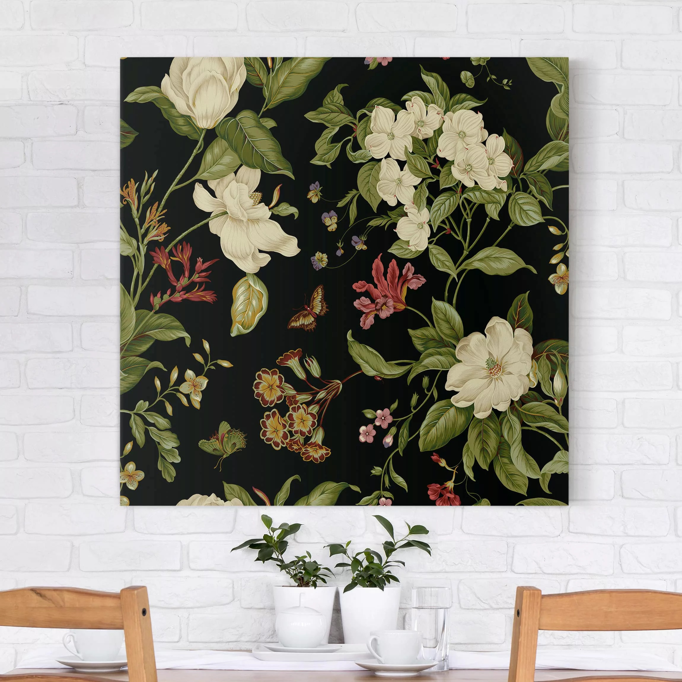 Leinwandbild Blumen - Quadrat Gartenblumen auf Schwarz II günstig online kaufen