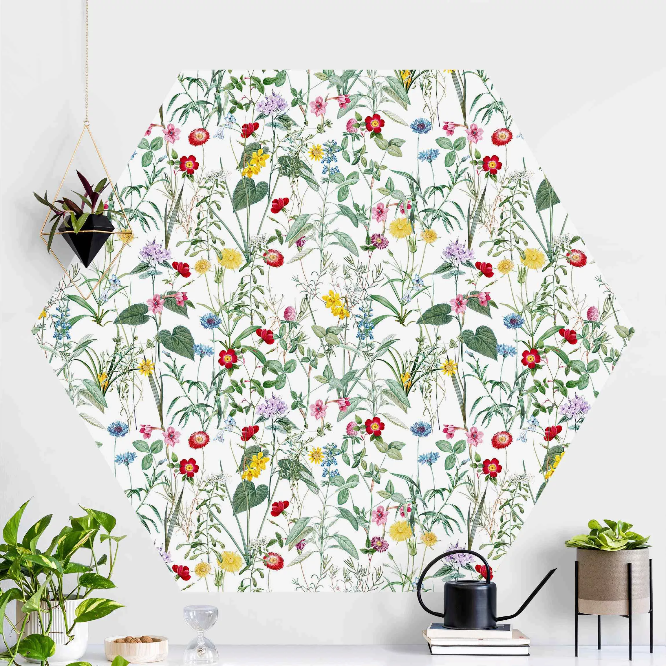 Hexagon Mustertapete selbstklebend Wildblumen auf Weiß günstig online kaufen