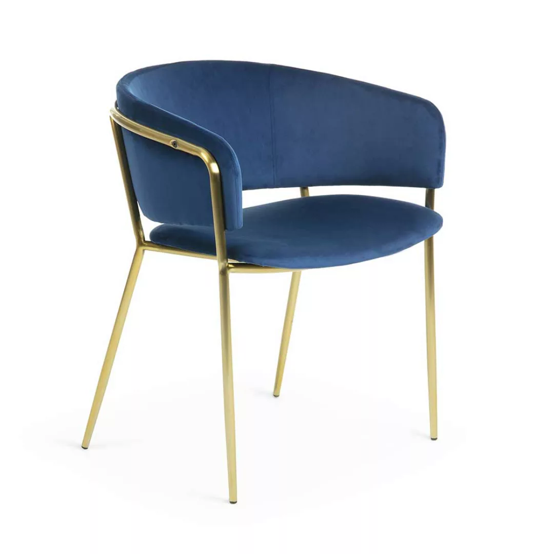 Samt Armlehnenstühle in Blau Metallgestell in Goldfarben (2er Set) günstig online kaufen