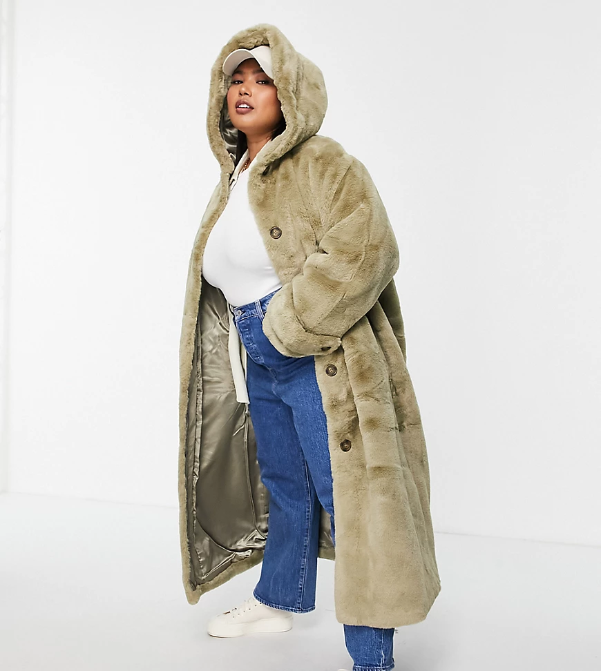 ASOS DESIGN Curve – Langer Mantel aus Kunstpelz in Salbeigrün mit Kapuze günstig online kaufen