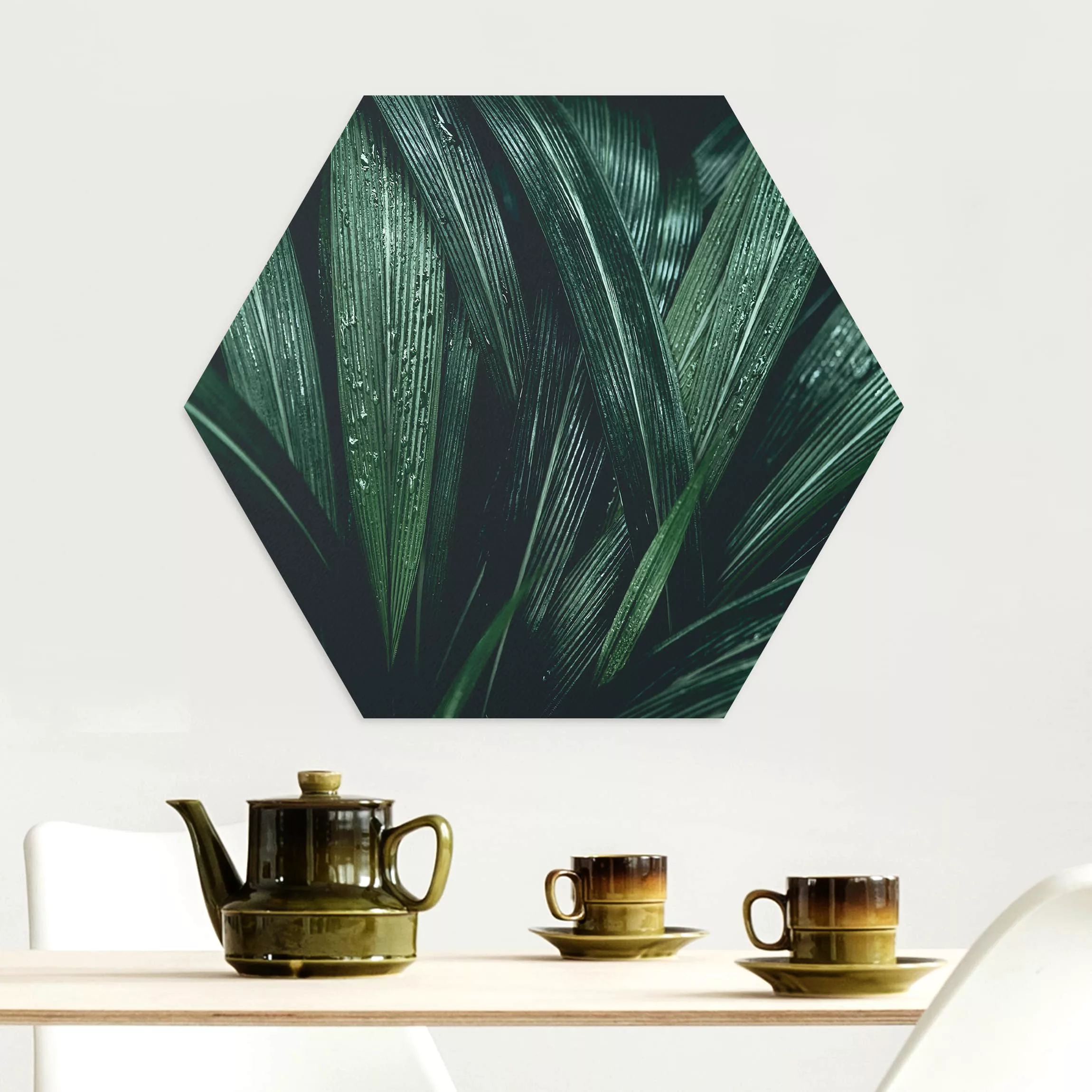 Hexagon-Alu-Dibond Bild Blumen Grüne Palmenblätter günstig online kaufen