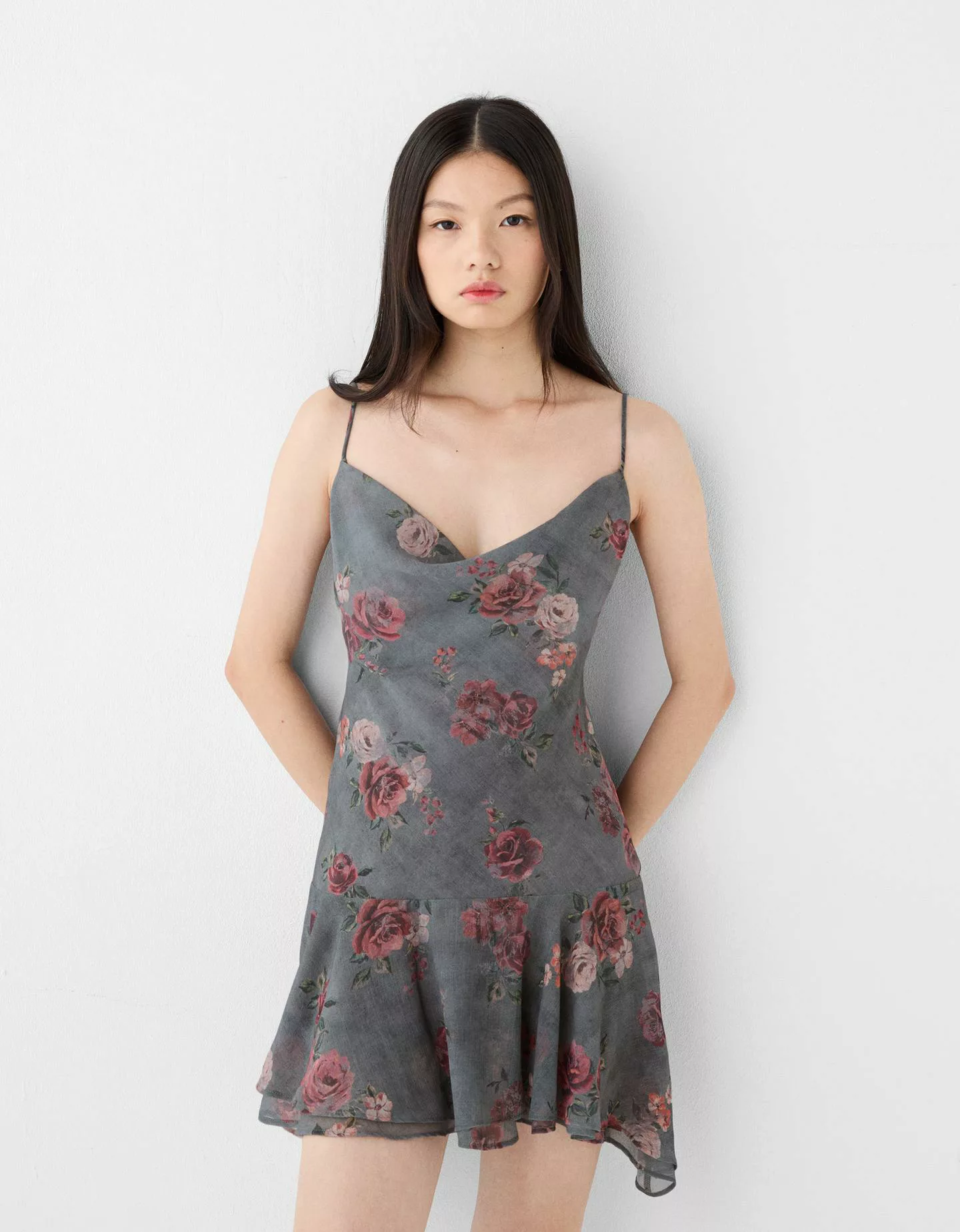 Bershka Minikleid Mit Volants Und Print Damen L Grau günstig online kaufen