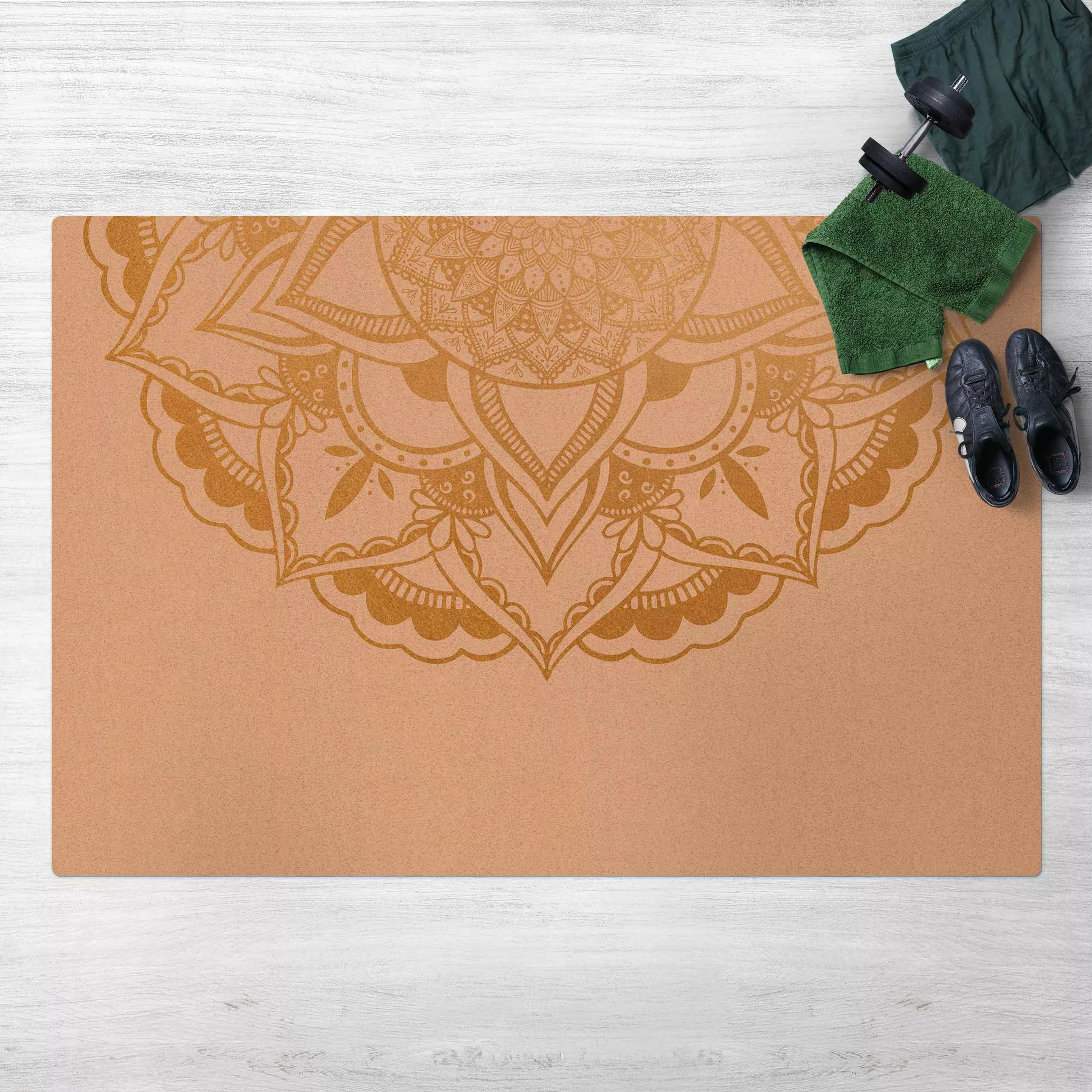 Kork-Teppich Mandala Blume Halbkreis gold weiß günstig online kaufen