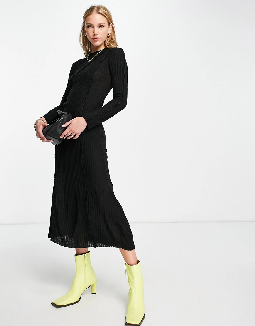 ASOS DESIGN – Langärmliges Midikleid in Schwarz mit sichtbarer Ziernaht günstig online kaufen