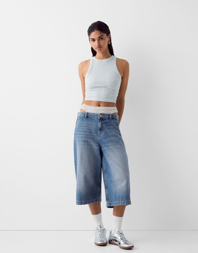 Bershka Underwear-Baggy-Jort-Bermudas Damen 38 Ausgewaschenes Blau günstig online kaufen