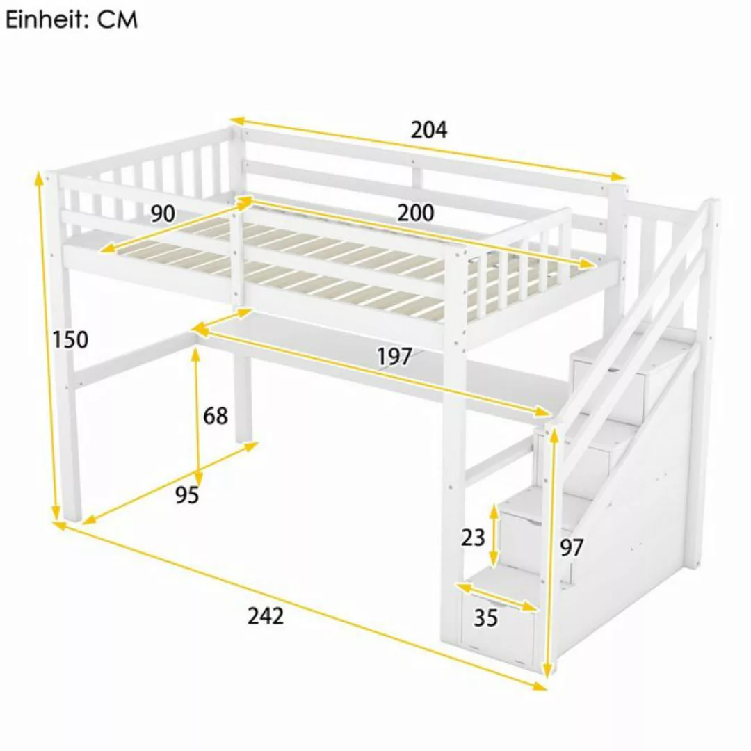 SOFTWEARY Hochbett mit Lattenrost und Treppe (90x200 cm) Kinderbett mit Rau günstig online kaufen
