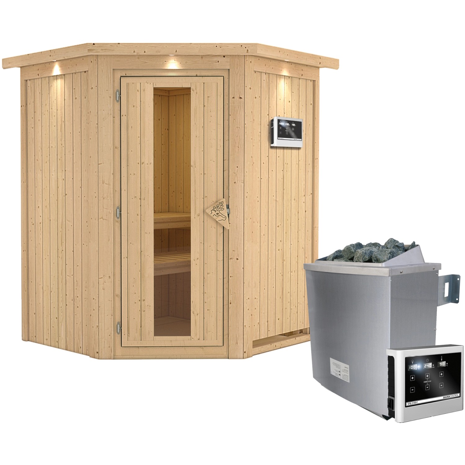 Karibu Sauna Lyra inkl. Ofen 9 kW mit ext. Steuerung, Dachkranz, Energiespa günstig online kaufen