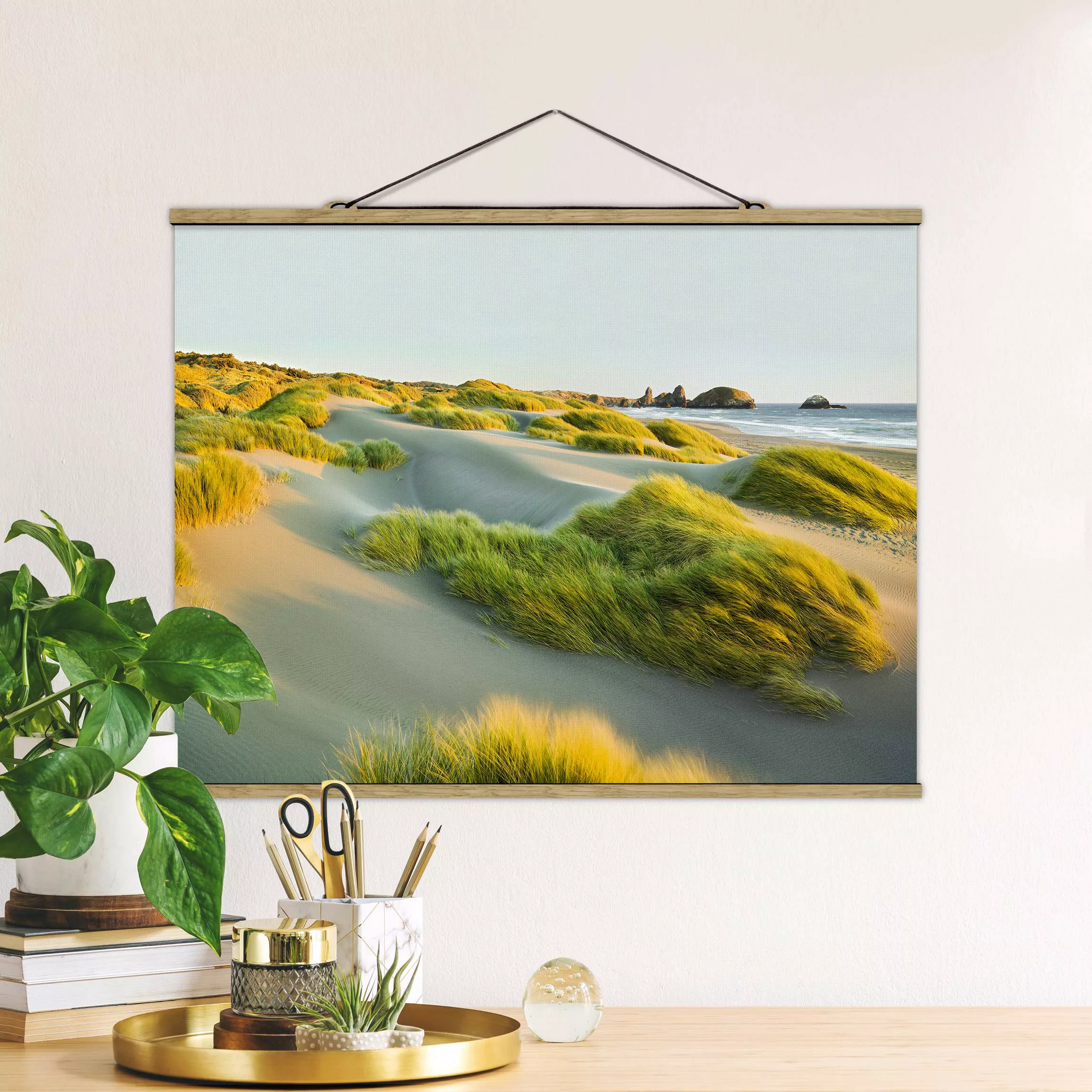 Stoffbild Strand mit Posterleisten - Querformat Dünen und Gräser am Meer günstig online kaufen