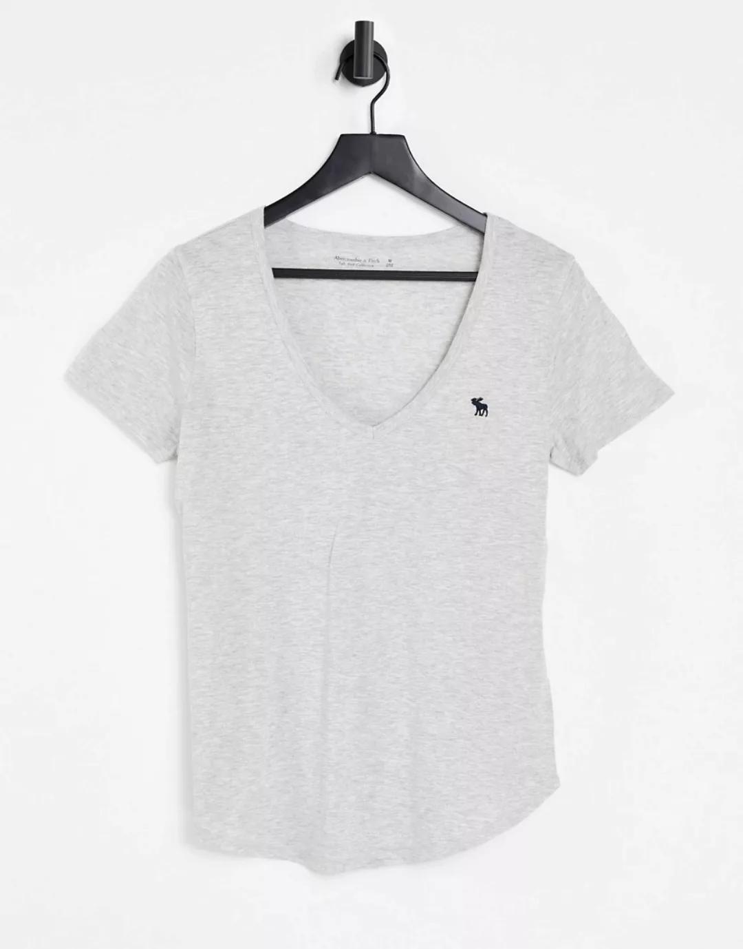 Abercrombie & Fitch – T-Shirt in Grau mit V-Ausschnitt und Logo günstig online kaufen