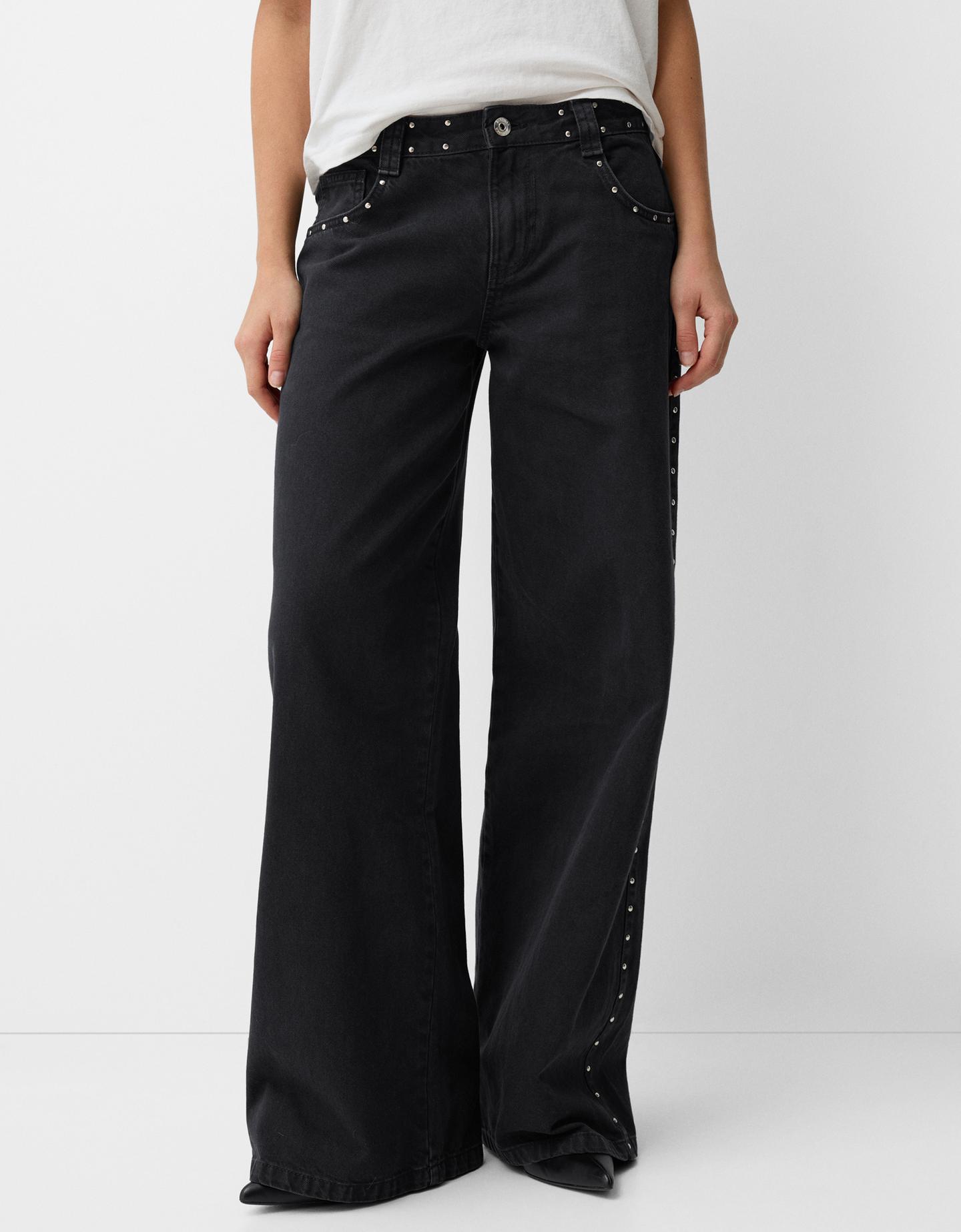 Bershka Straight-Fit-Hose Aus Serge Mit Nieten Damen 32 Schwarz günstig online kaufen