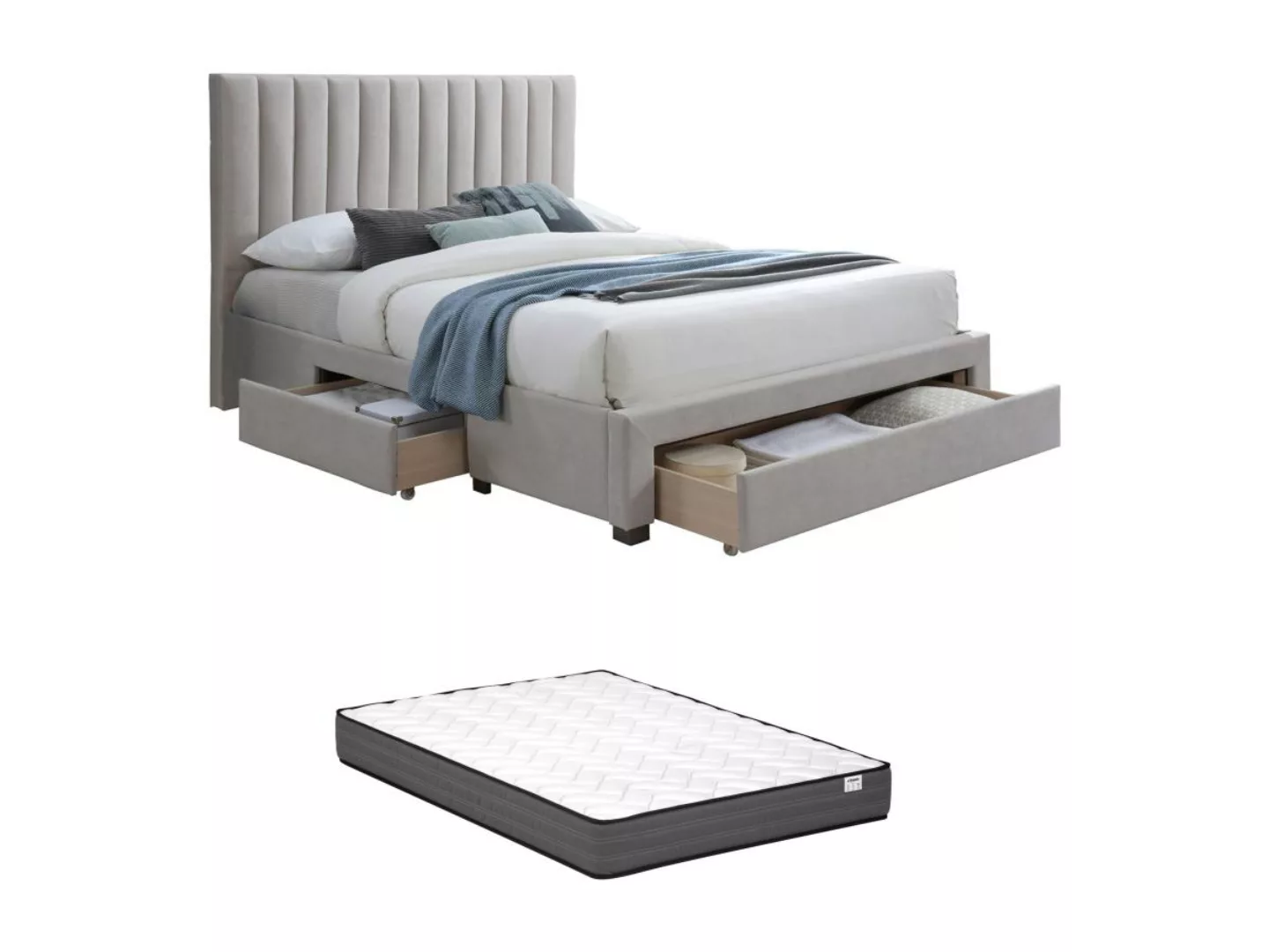 Bett mit 3 Schubladen + Matratze - 140 x 200 cm - Stoff - Beige - LIAKO günstig online kaufen