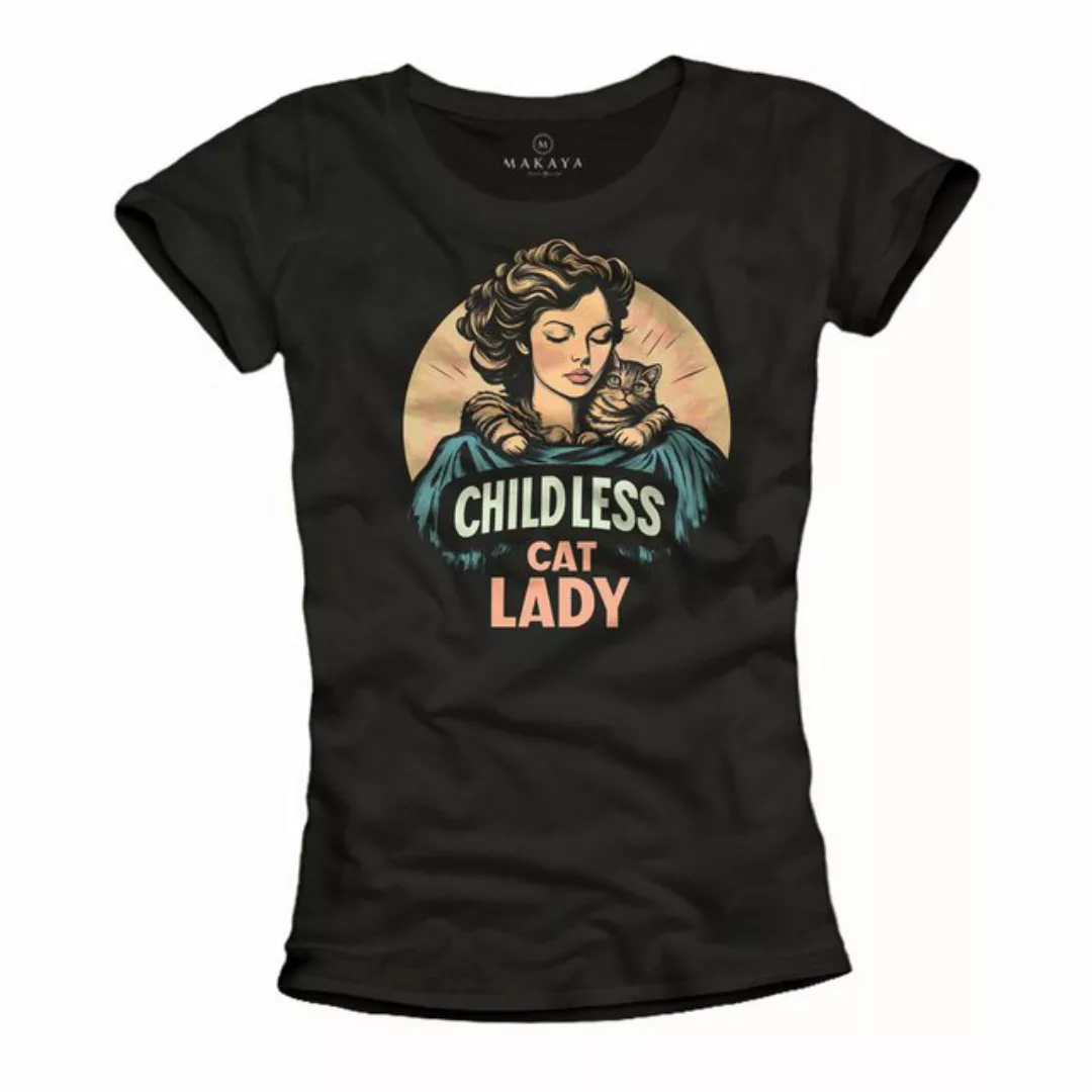 MAKAYA Print-Shirt Damen Katzenmotiv Childless Cat Lady Lustige Sprüche Kat günstig online kaufen