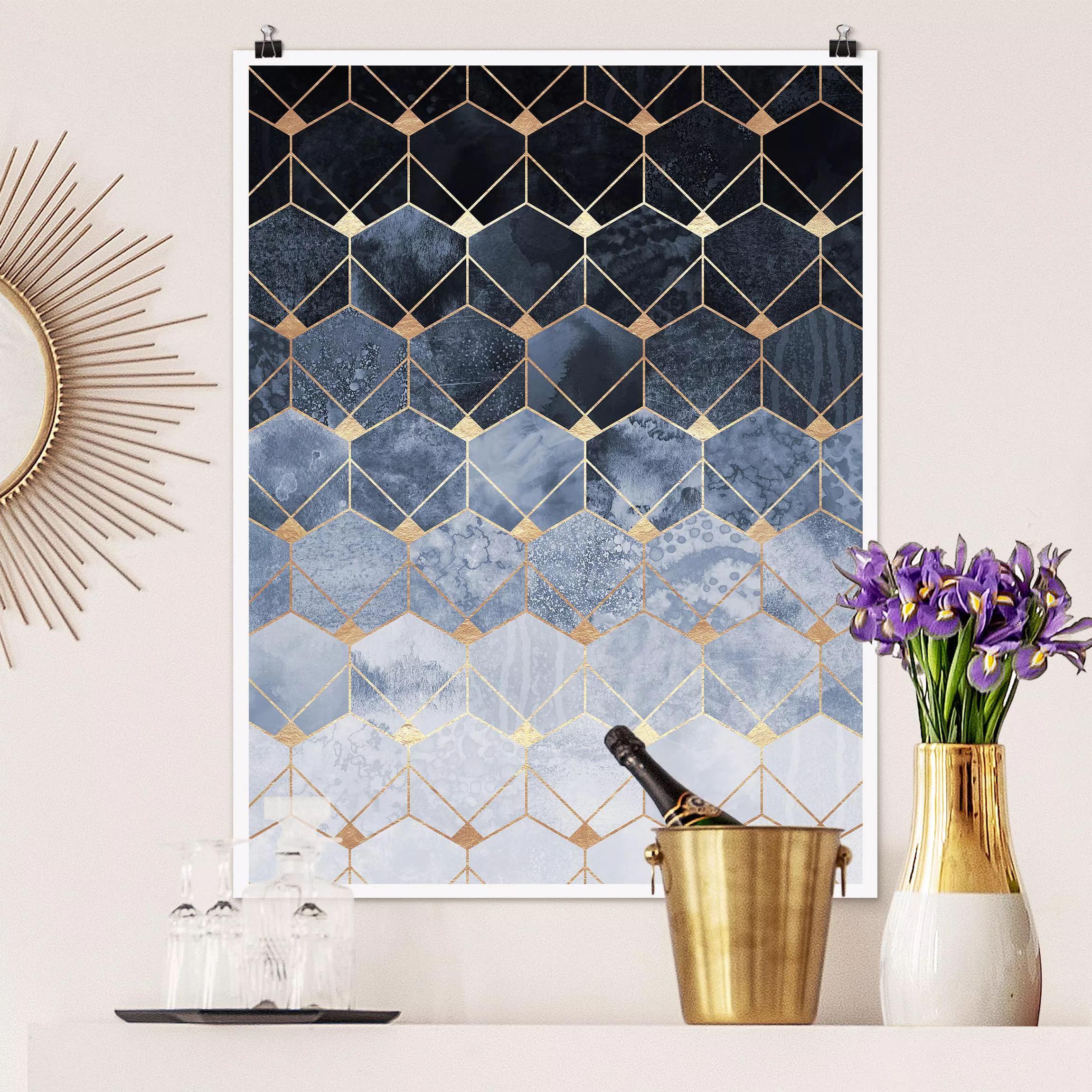 Poster Kunstdruck - Hochformat Blaue Geometrie goldenes Art Deco günstig online kaufen