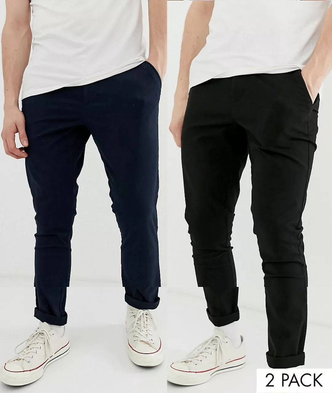 ASOS DESIGN – Superenge Chino-Hosen in Schwarz und Marineblau im 2er-Pack, günstig online kaufen