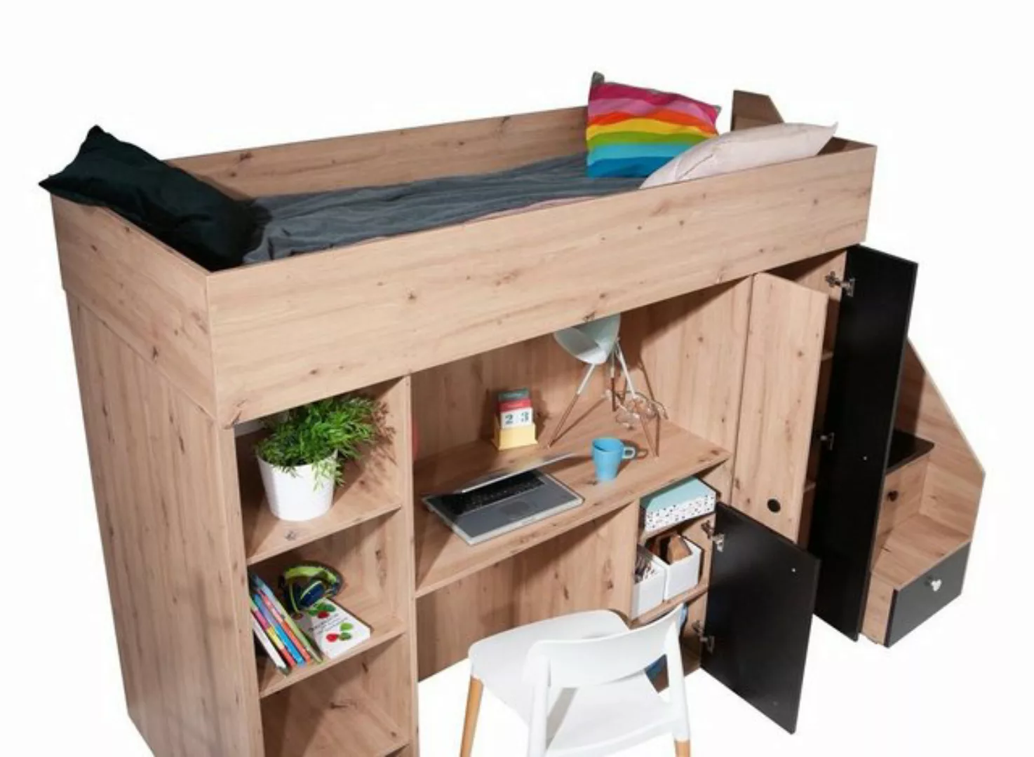 QMM TraumMöbel Hochbett SAM 14 mit Schreibtisch Schrank Regal und Treppe ei günstig online kaufen