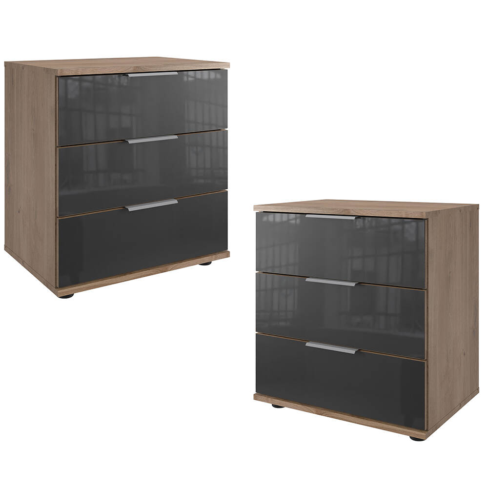 Nachtschrank 2er Set 58cm hoch, Eiche und graphit mit grauem Glas, STRATFOR günstig online kaufen