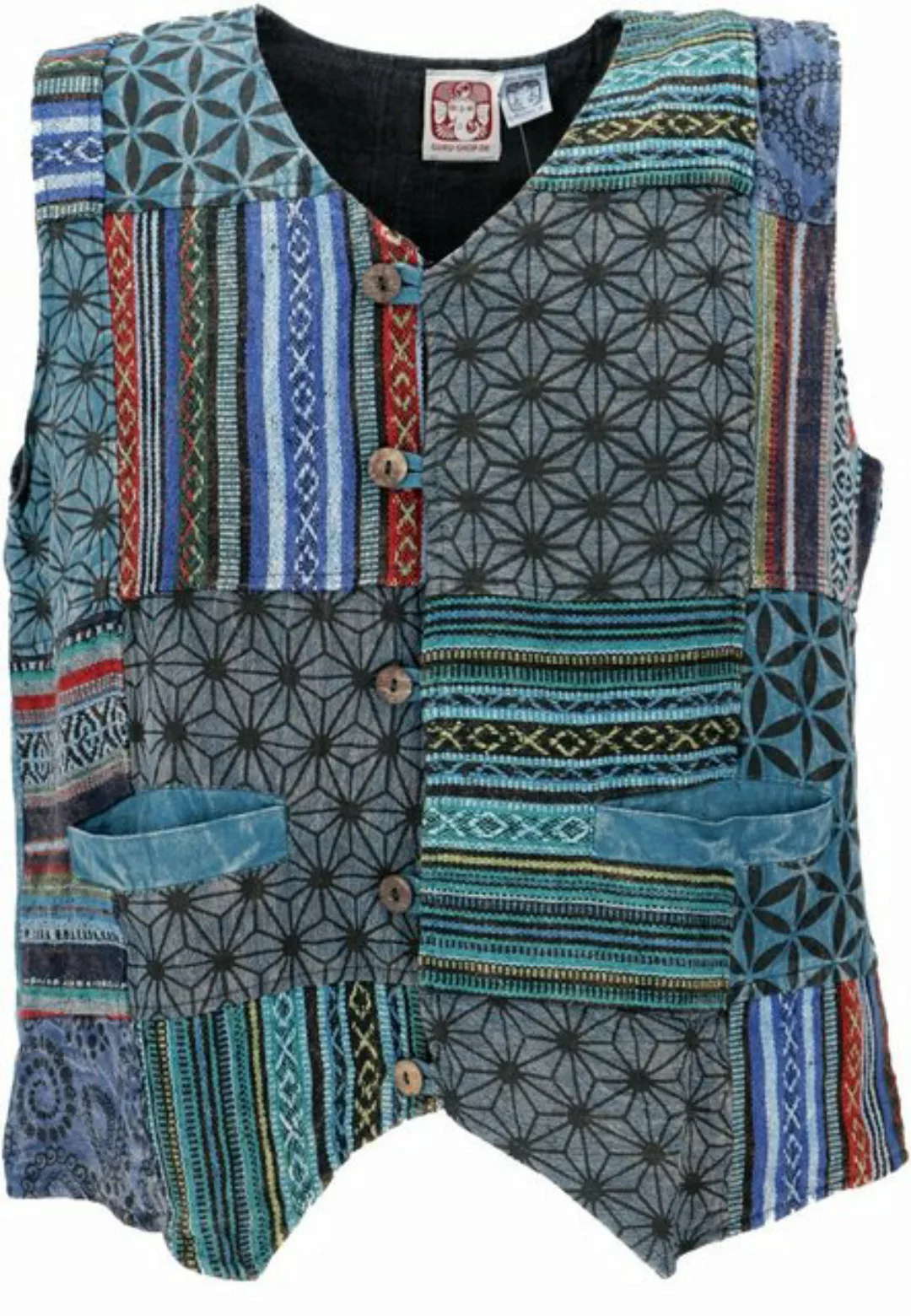 Guru-Shop Strickjacke Goaweste, Psytrance Patchwork Herren Weste - blau alt günstig online kaufen