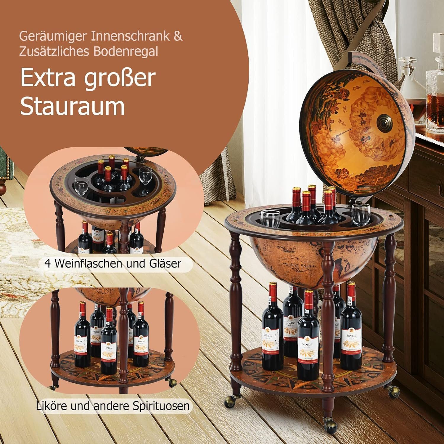 KOMFOTTEU Weinregal Globusbar, mit Rollen, Deckel günstig online kaufen