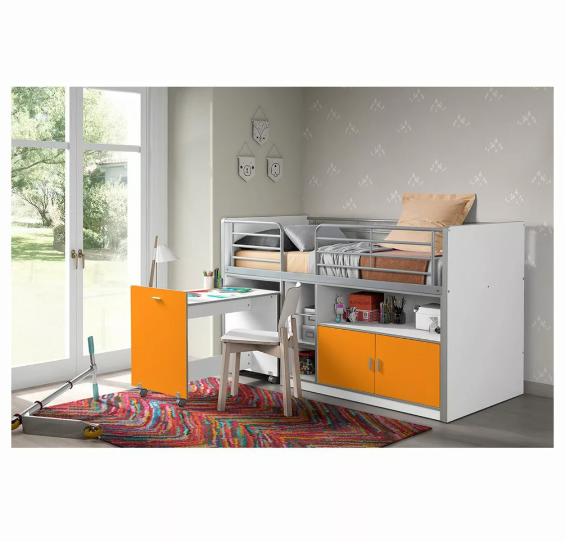 Lomadox Hochbett 90x200cm, mit rollbarem Schreibtisch und Stauraum, weiß/or günstig online kaufen