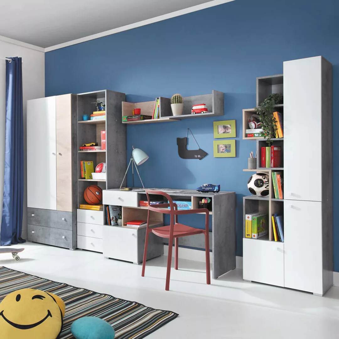 Jugendzimmer Set 5-teilig SEATTLE-133 mit Schreibtisch in Beton weiß Eiche günstig online kaufen