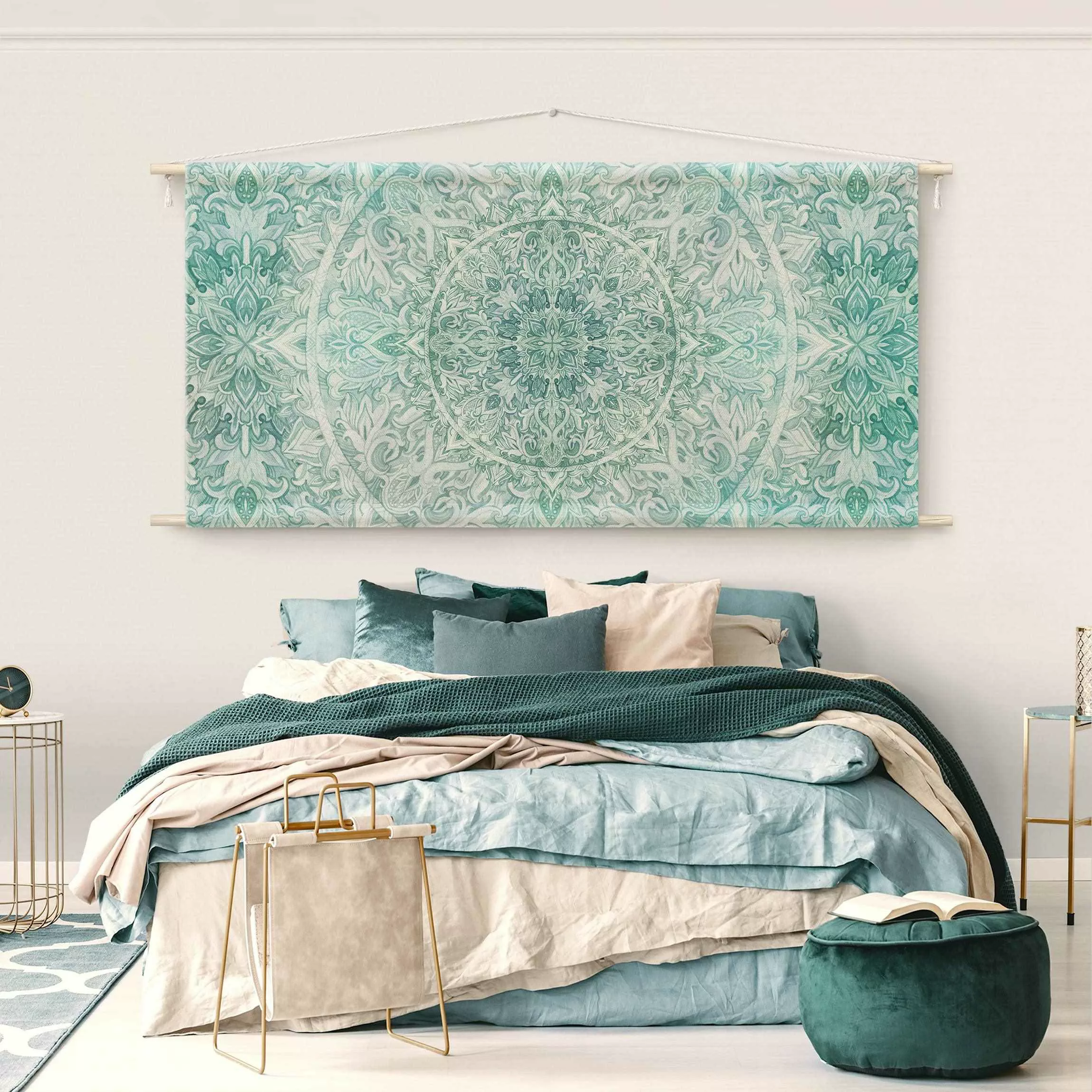 Wandteppich Mandala Aquarell Ornament Muster Türkis günstig online kaufen