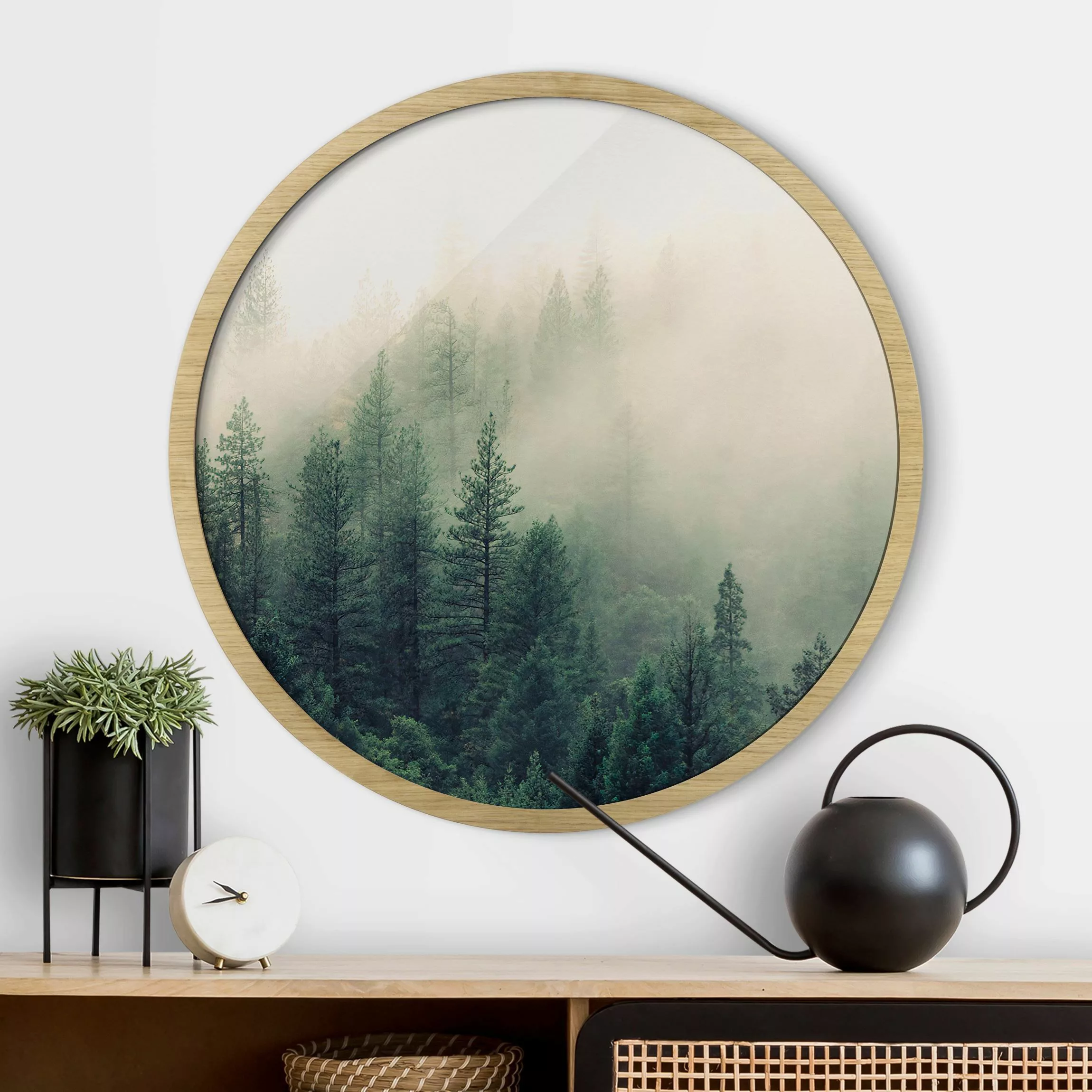 Rundes Gerahmtes Bild Wald im Nebel Erwachen günstig online kaufen