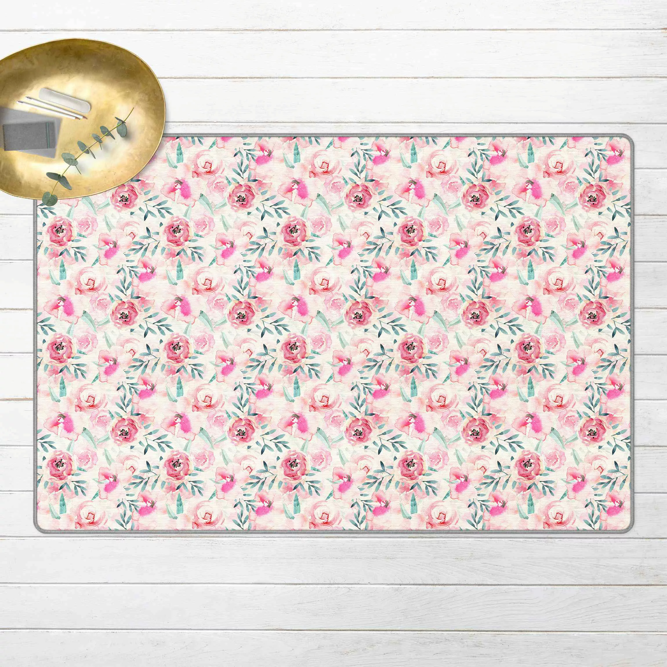 Teppich Aquarell Blumen Pink mit Blauen Blättern günstig online kaufen