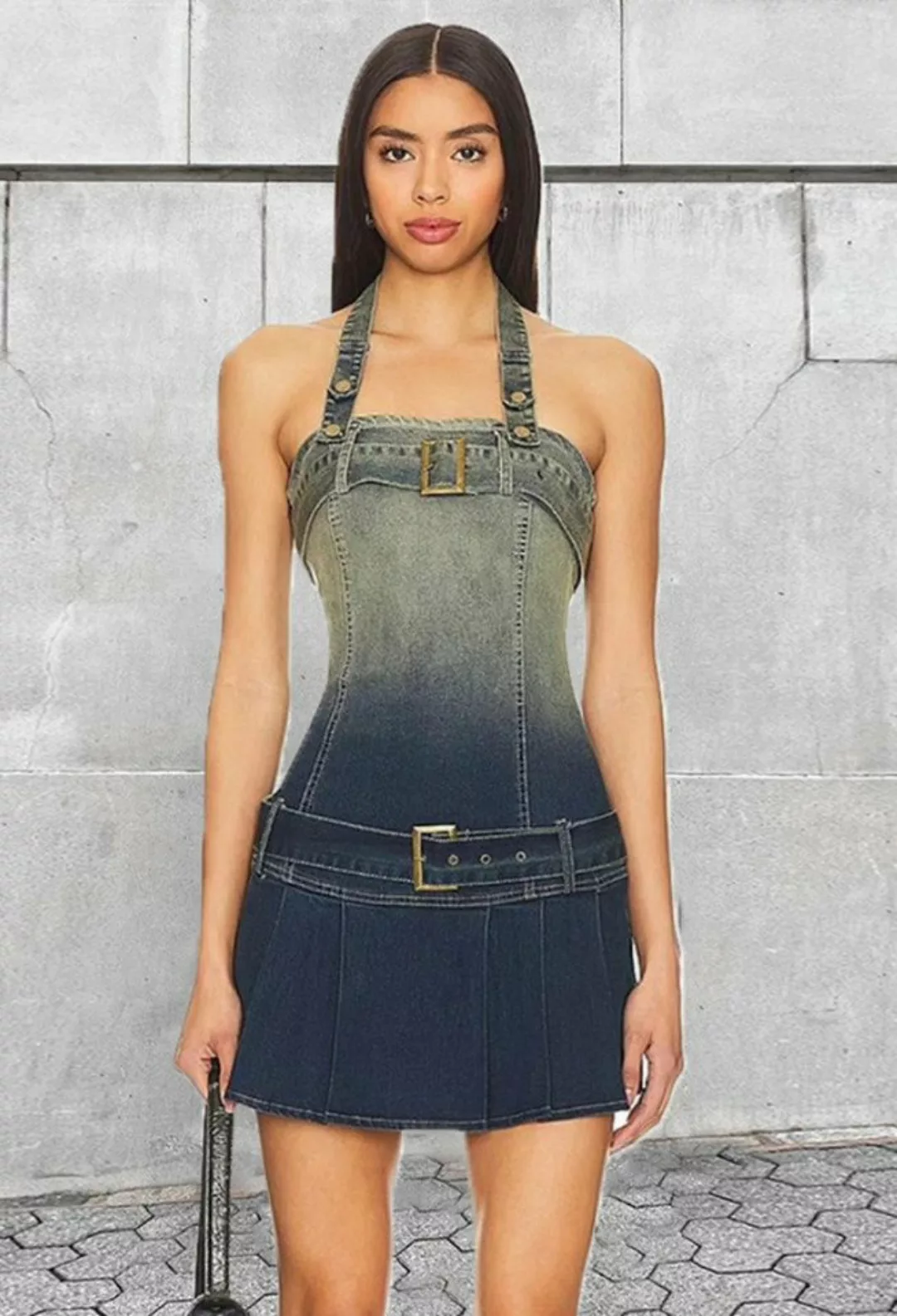 SEGUEN Jeanskleid Neckholder-Jeansrock mit Reißverschluss und Gürtel (Modis günstig online kaufen