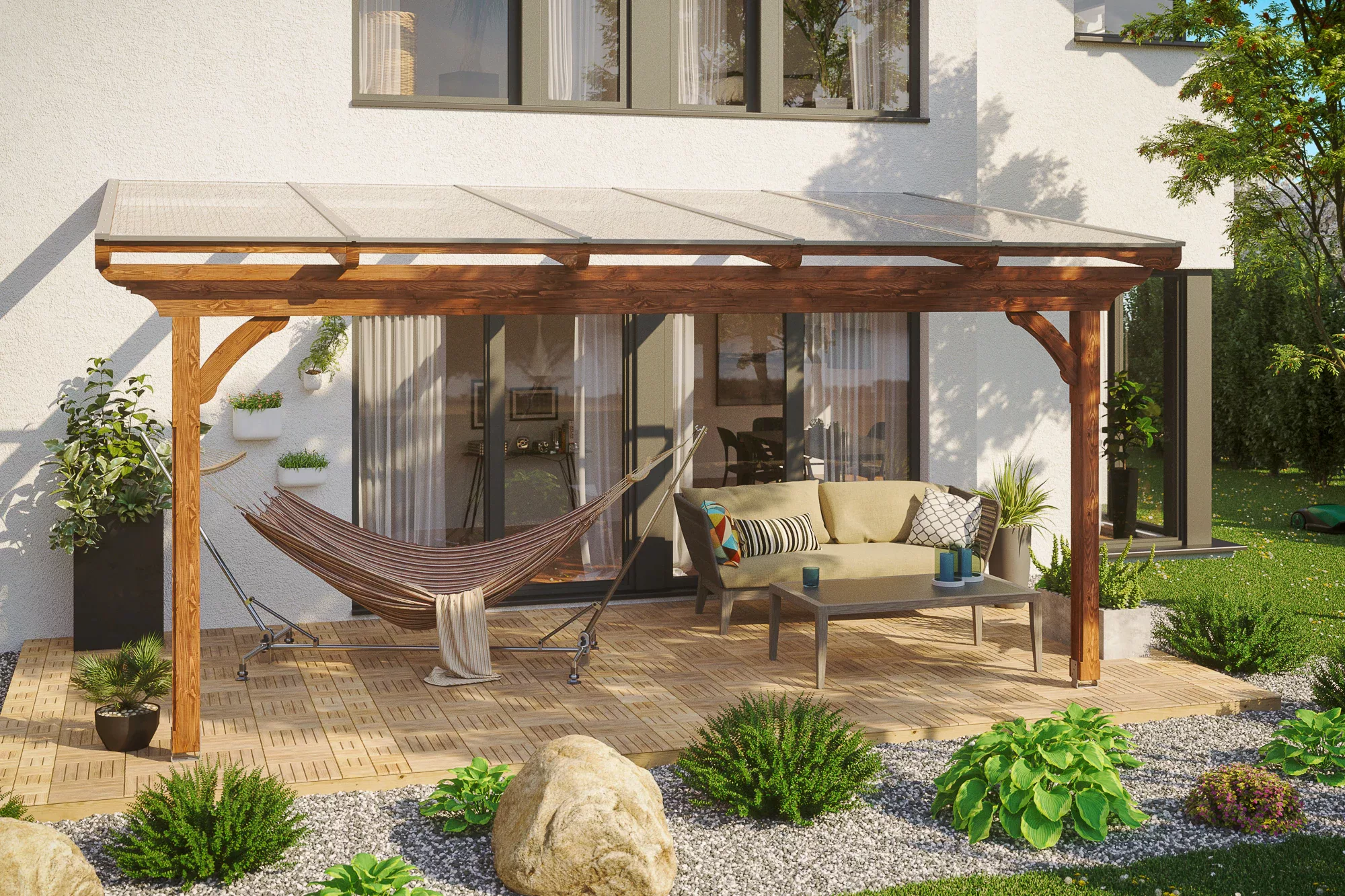 Skan Holz Terrassenüberdachung Ravenna 541 x 350 cm Douglasie Nussbaum günstig online kaufen