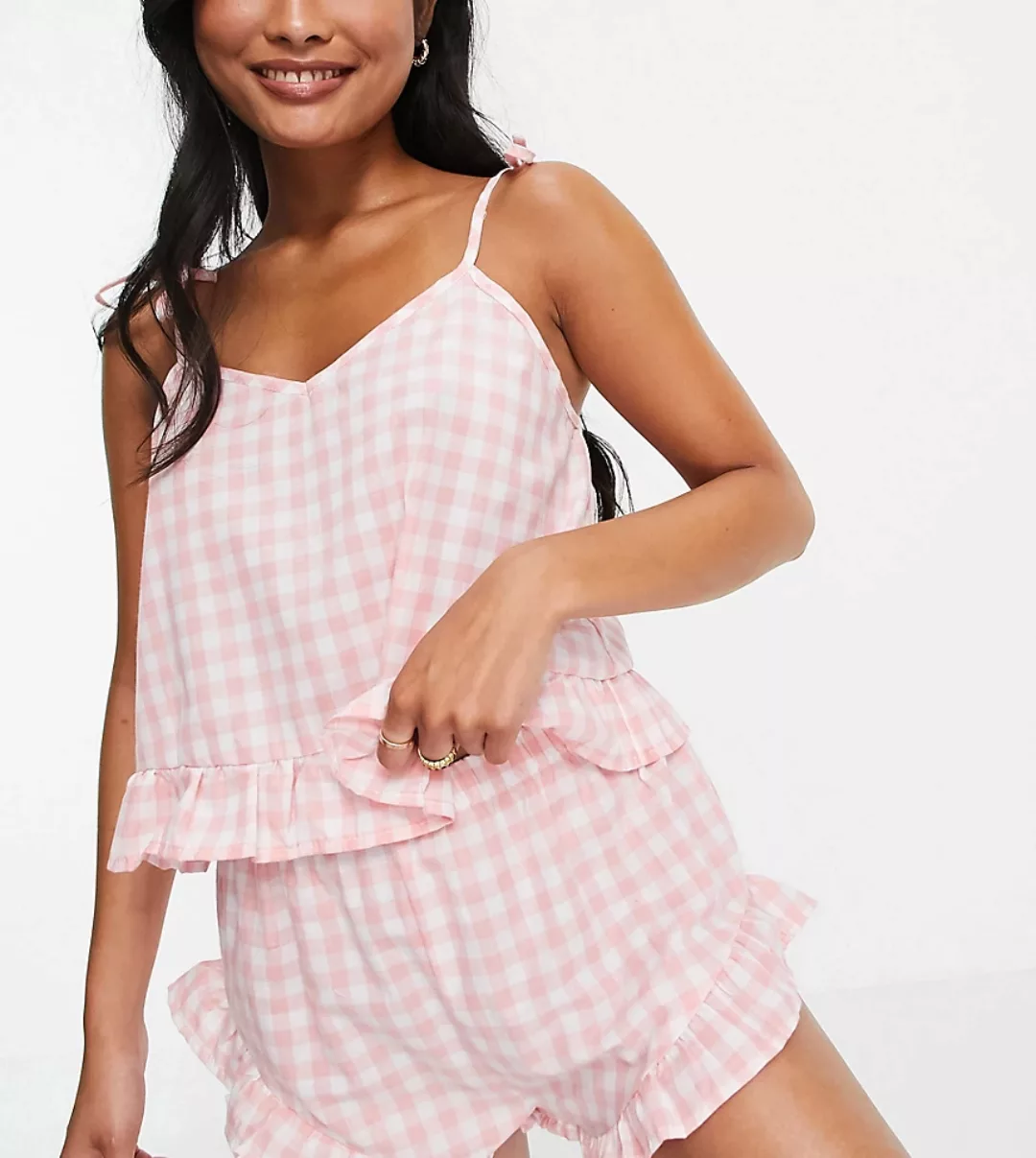 Loungeable Petite – Pyjama-Set aus Camisole und Shorts mit Rüschen und rosa günstig online kaufen
