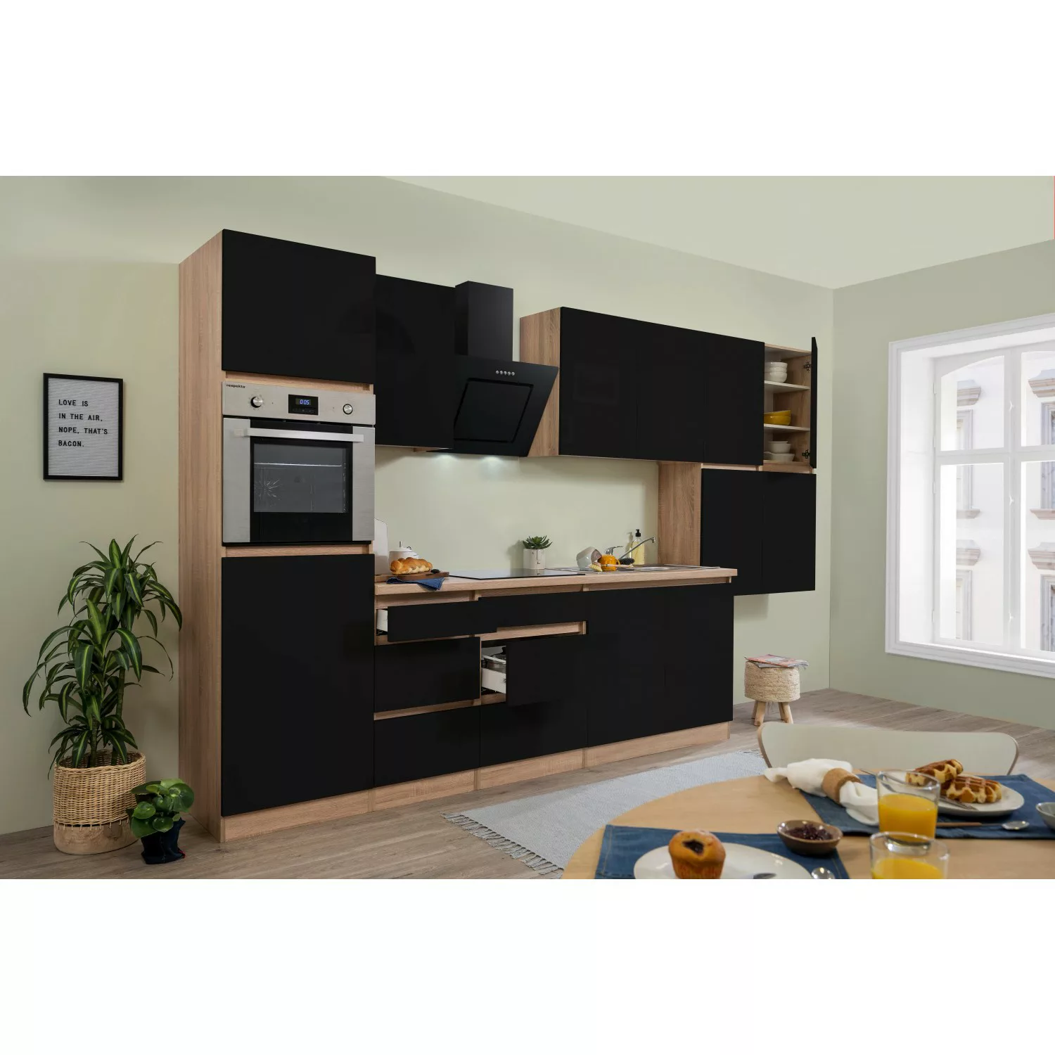 Respekta Küchenzeile GLRP370HESS Grifflos 370 cm Schwarz Hochglanz-Sonoma E günstig online kaufen