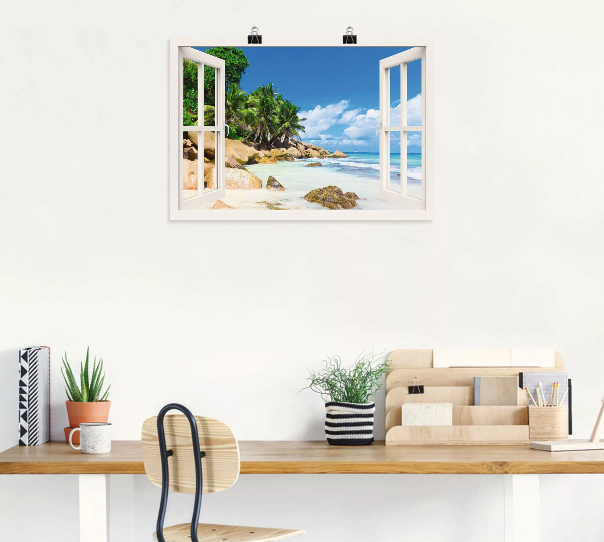 Artland Wandbild "Küste mit Palmen durchs Fenster", Karibikbilder, (1 St.) günstig online kaufen